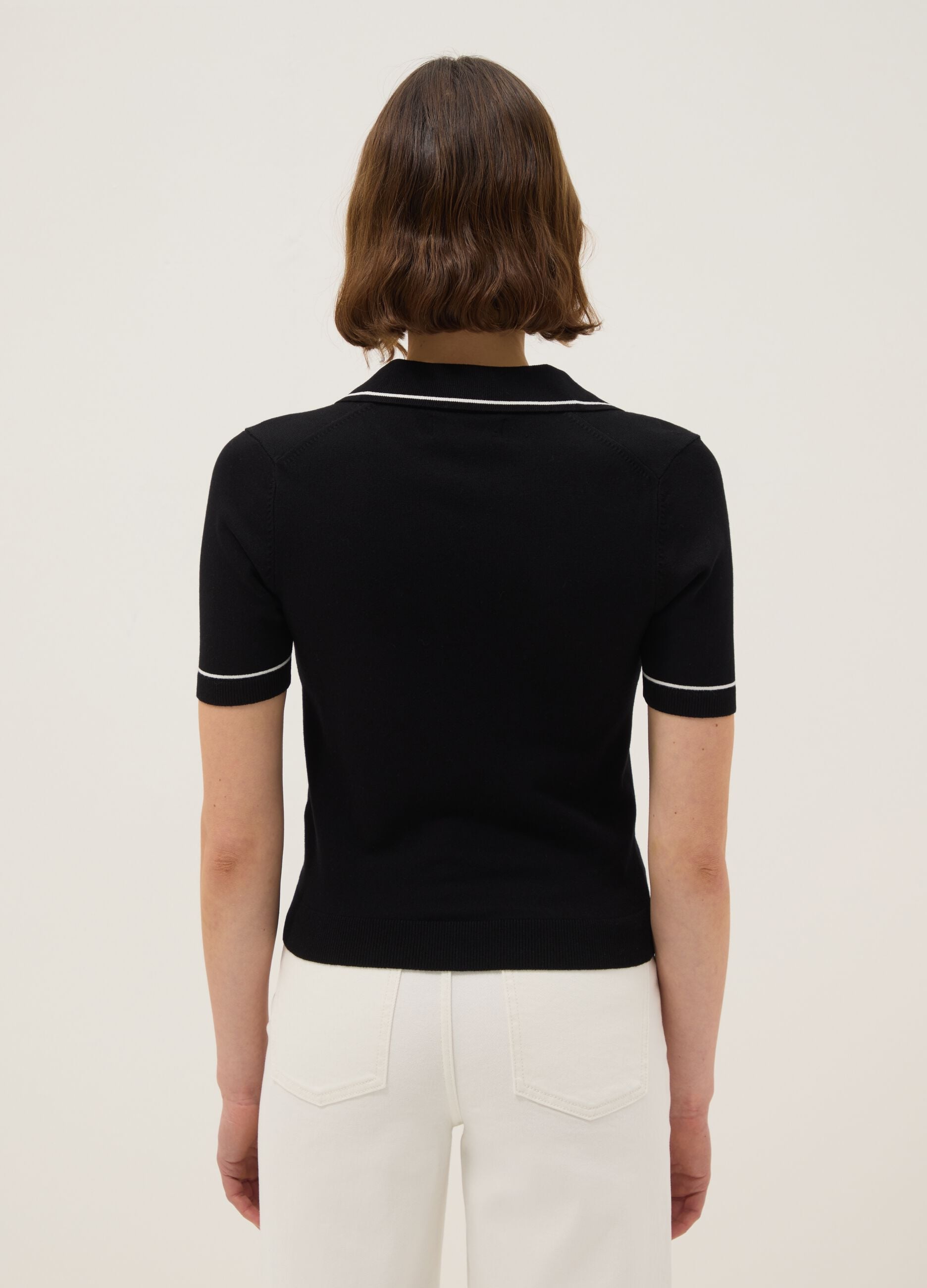 Black viscose blend slim fit polo with contrast stitching