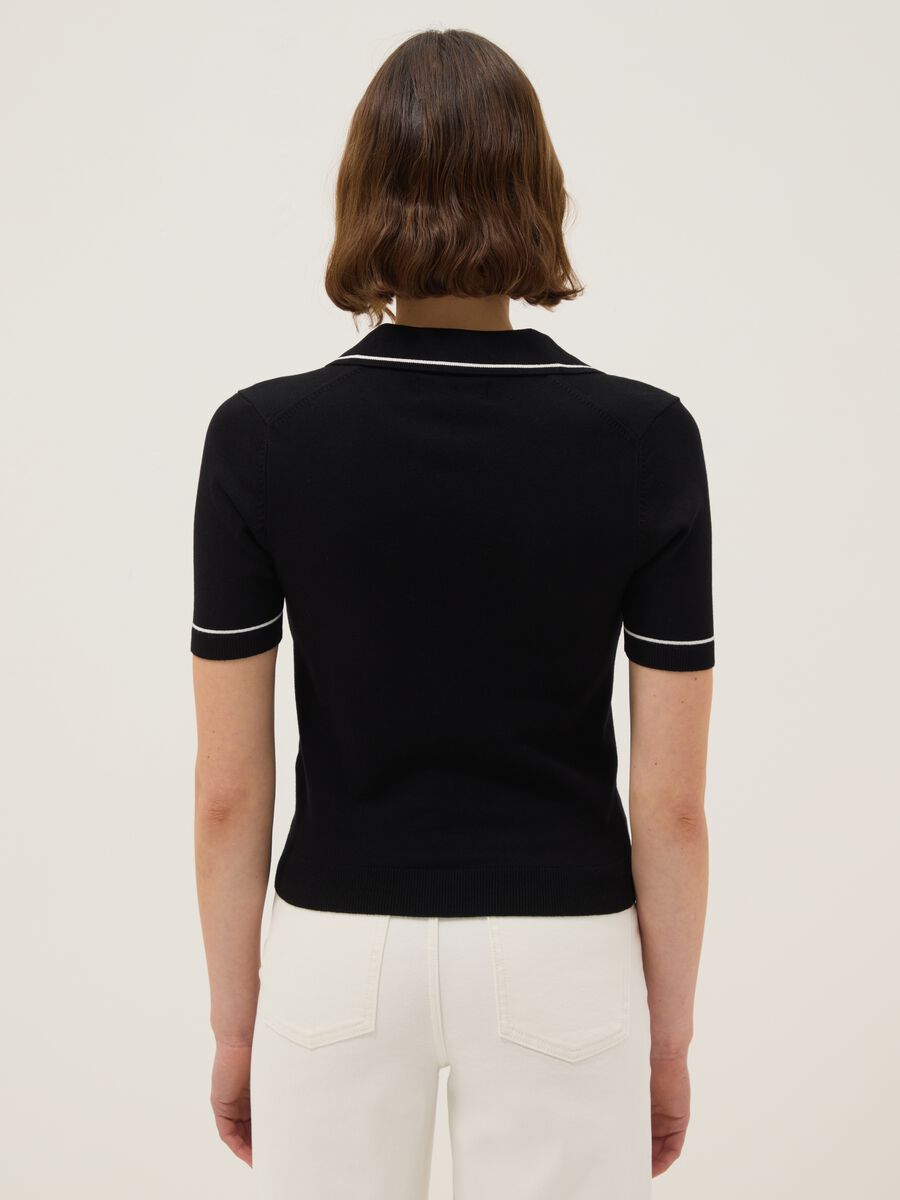 Black viscose blend slim fit polo with contrast stitching_2