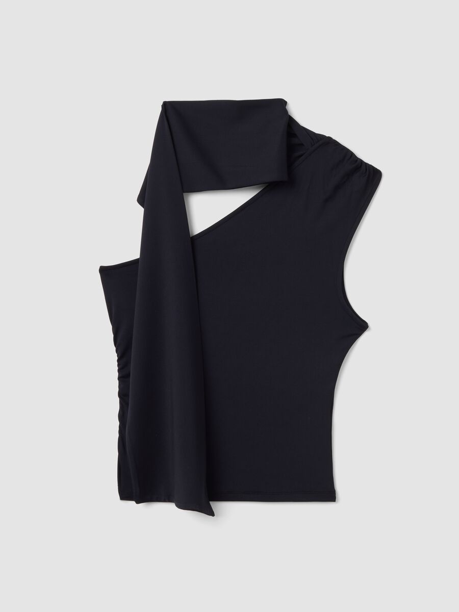 Top nero in tessuto elasticizzato con scollo asimmetrico e fascia drappeggiata_4