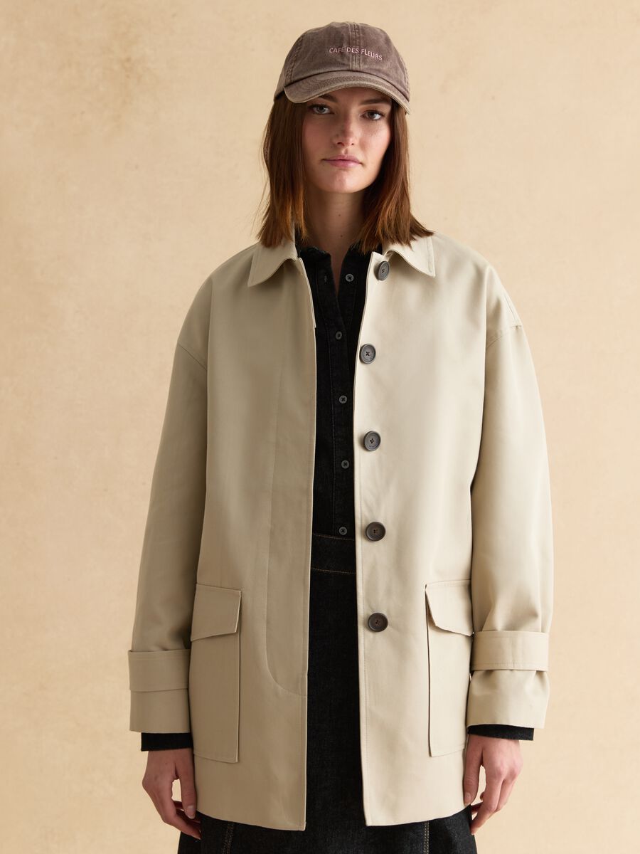 Beige cotton blend regular fit trench with belt_0