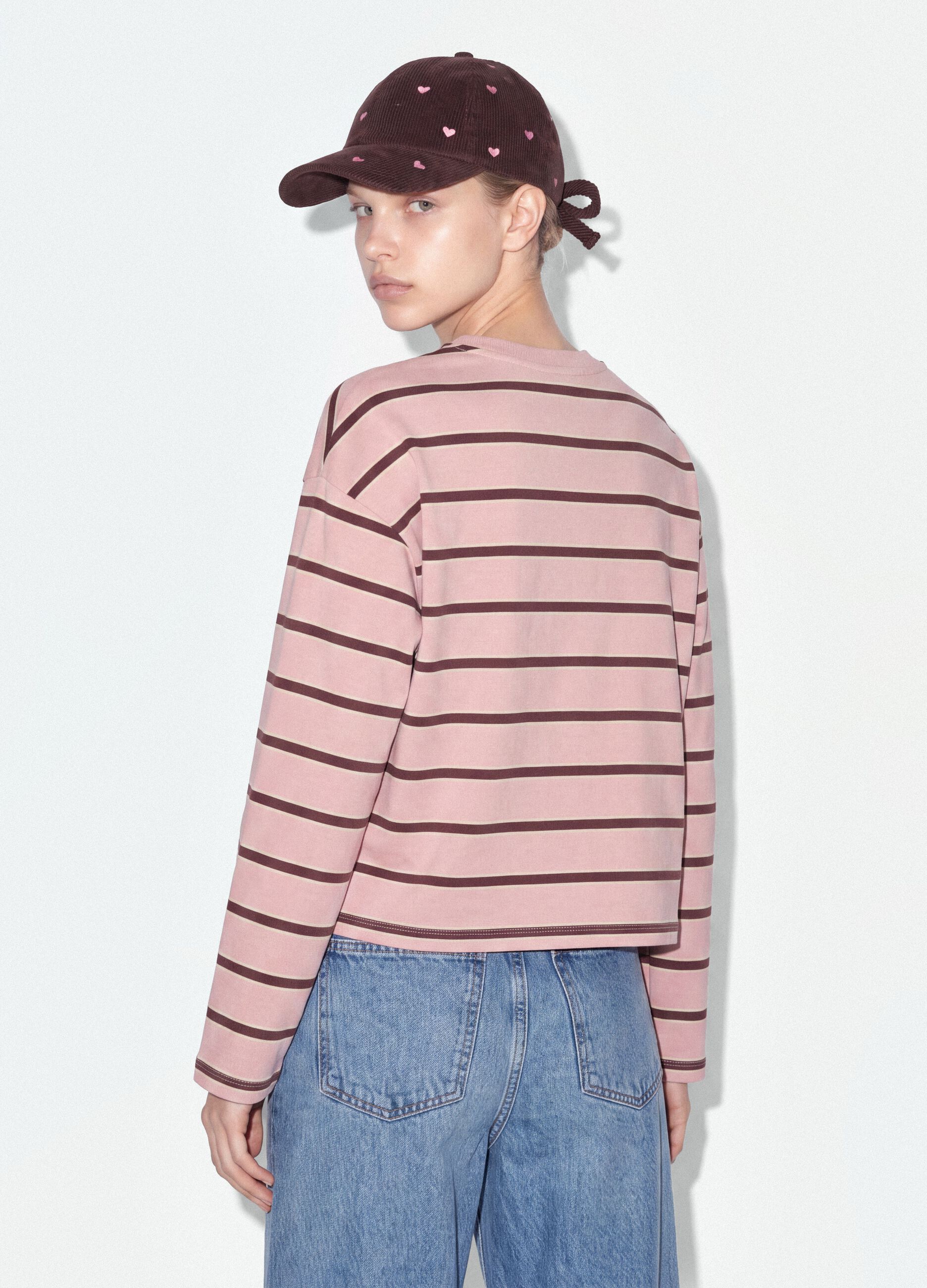 Pink pure cotton striped sweatshirt with crew neck, relaxed fit