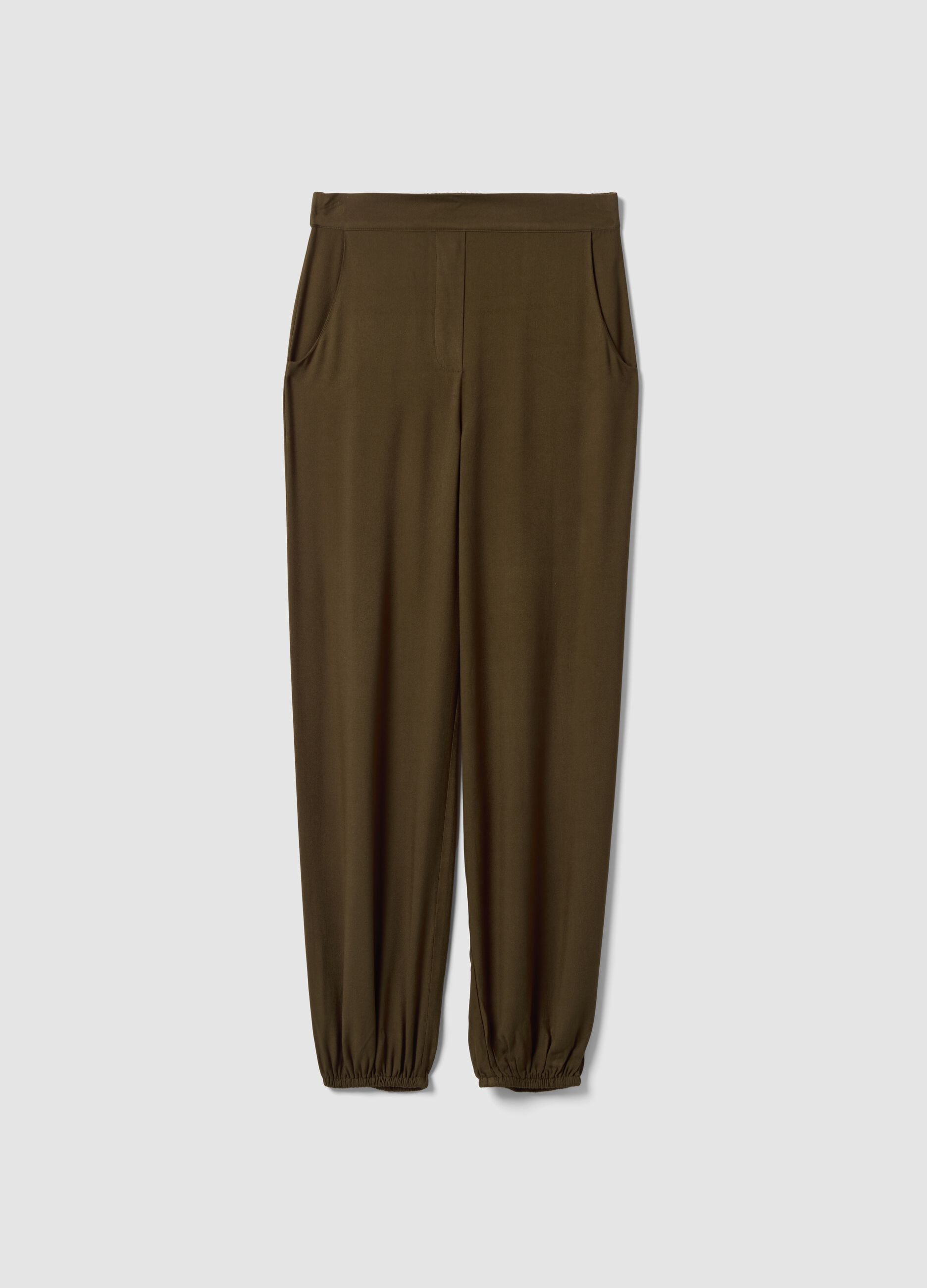 Green pure viscose trousers with elasticated cuffs, regular fit