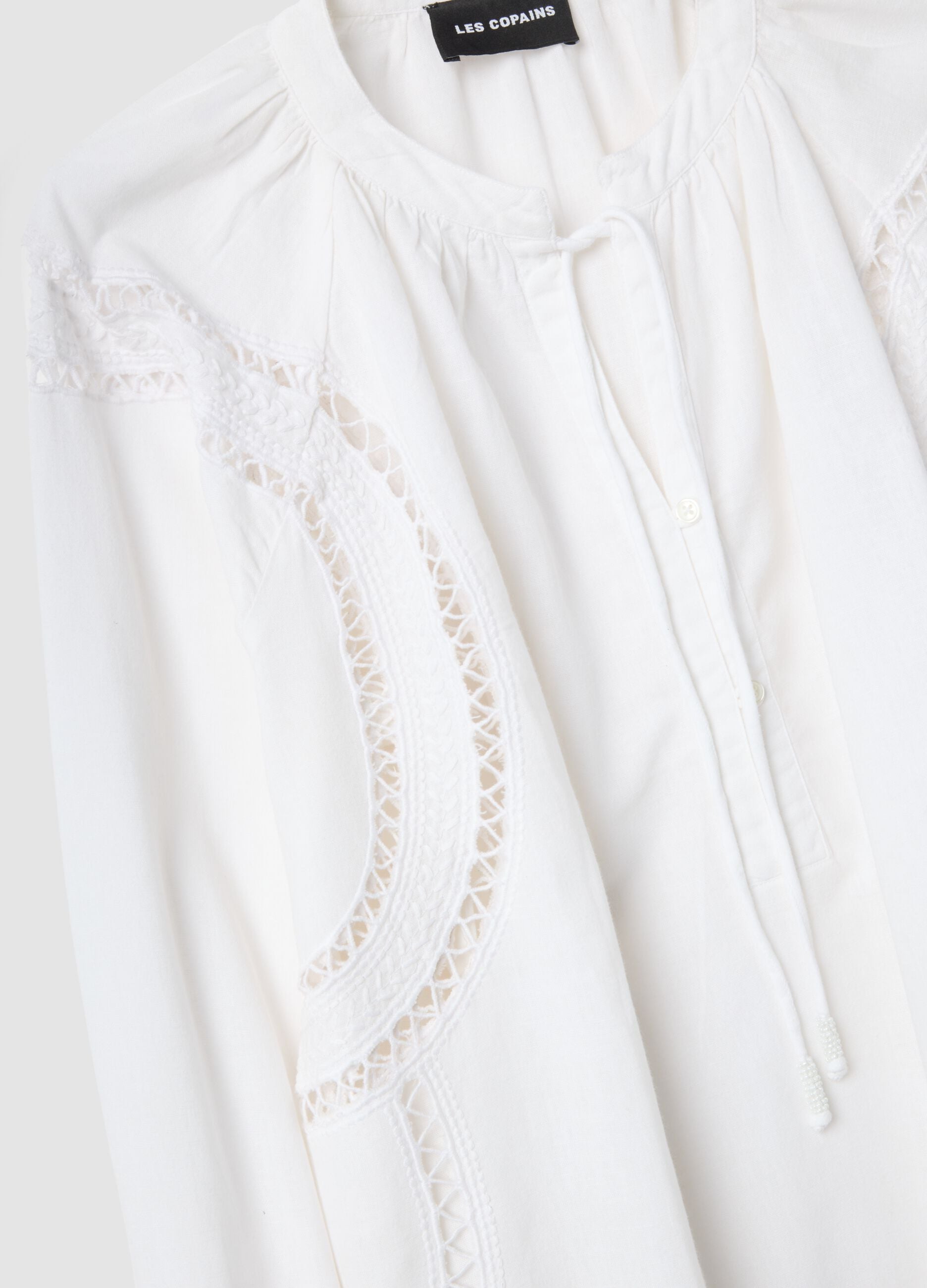 White regular fit cotton-linen blend blouse with eyelet details