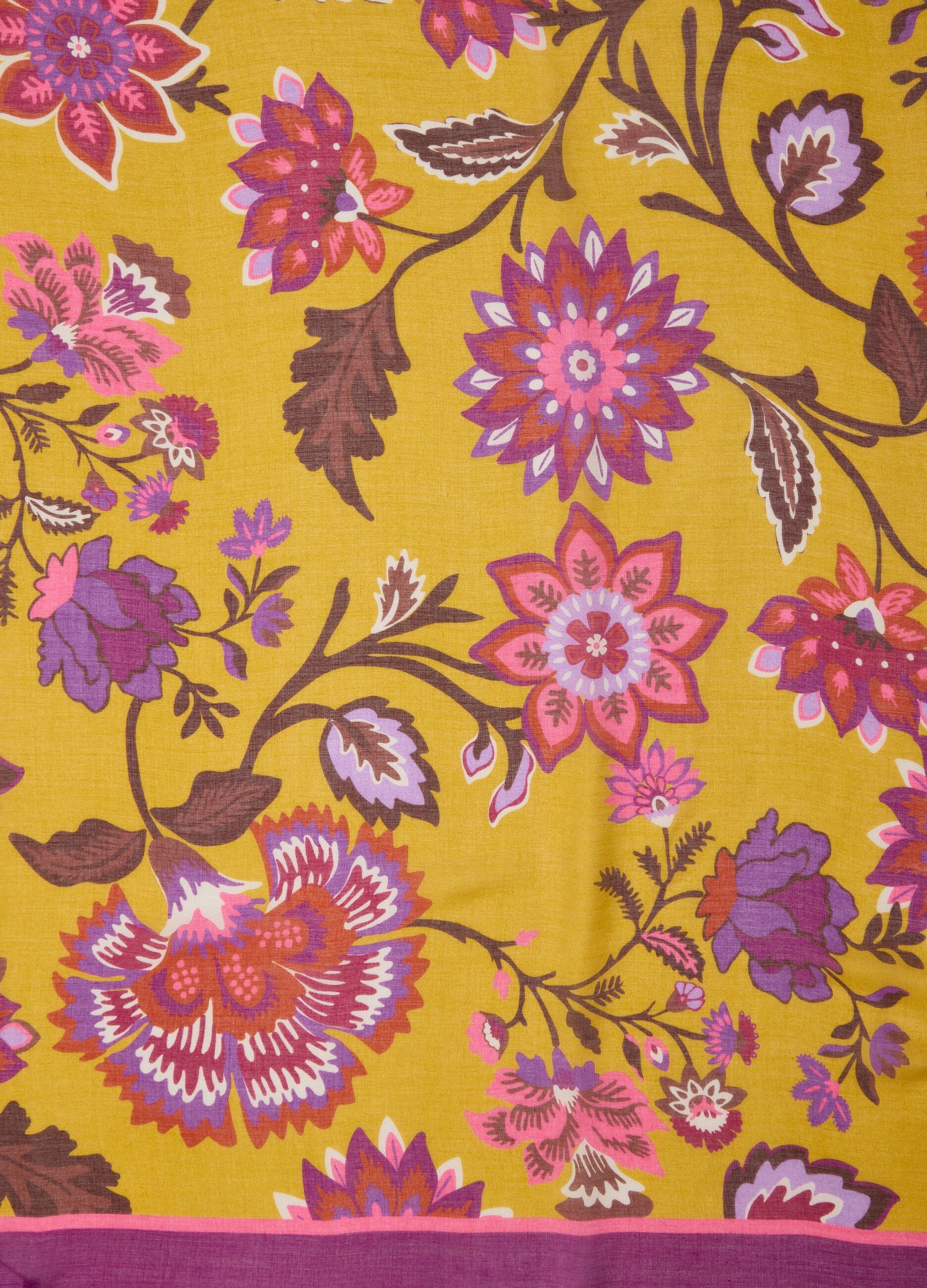 Purple pure viscose scarf with floral print and frayed edges