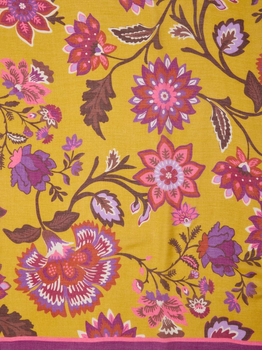 Purple pure viscose scarf with floral print and frayed edges_2