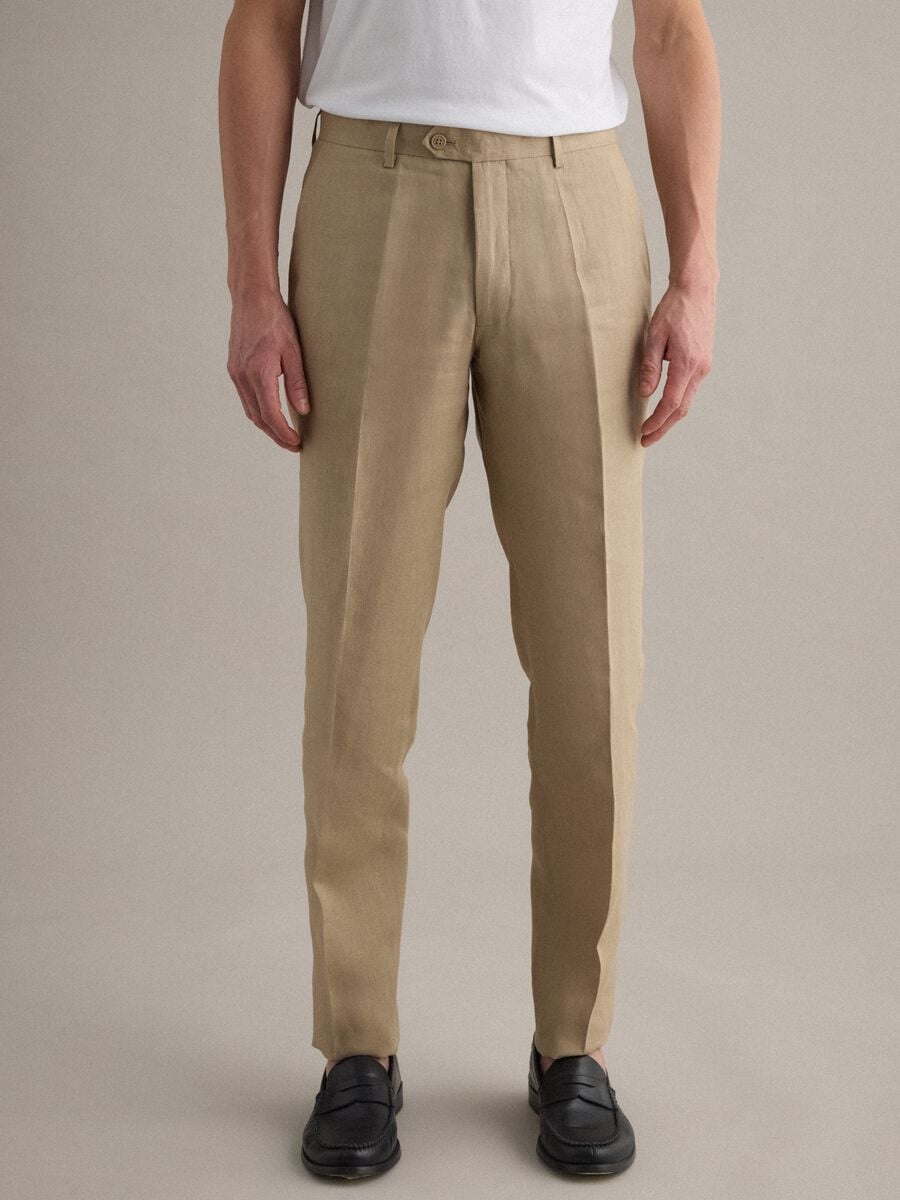 Beige slim-fit pure linen trousers_1