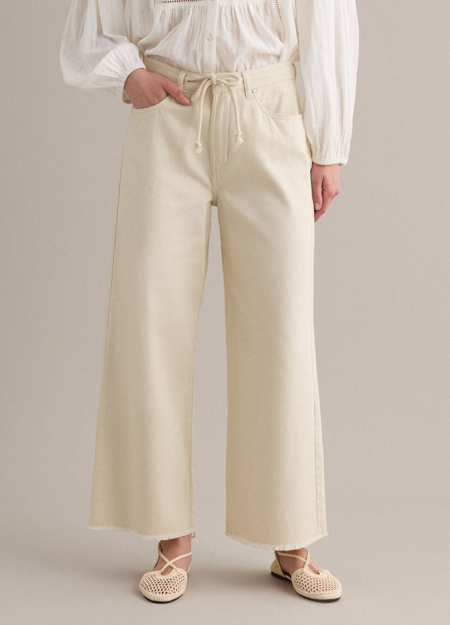 White pure cotton straight-fit trousers with drawstring