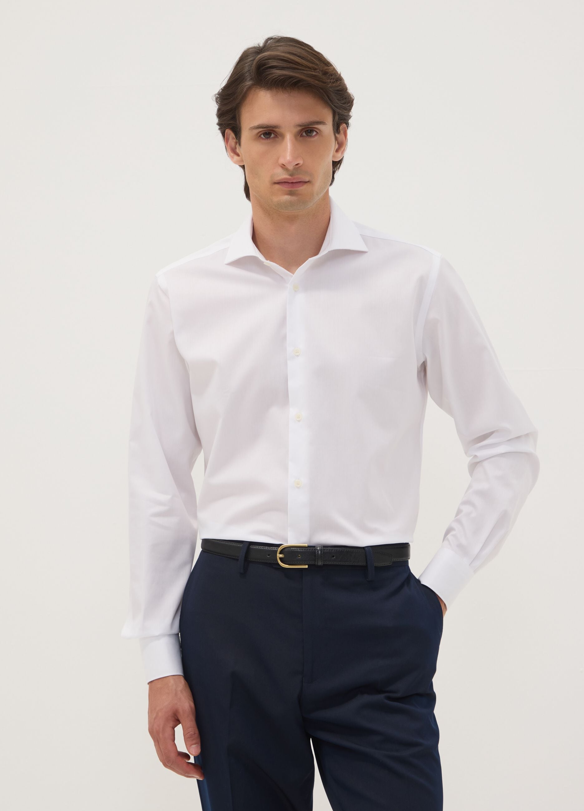 White slim-fit pure cotton shirt with French collar, non-iron