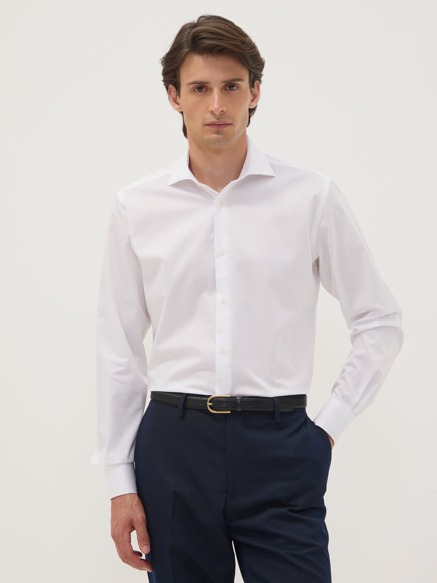 White slim-fit pure cotton shirt with French collar, non-iron_0