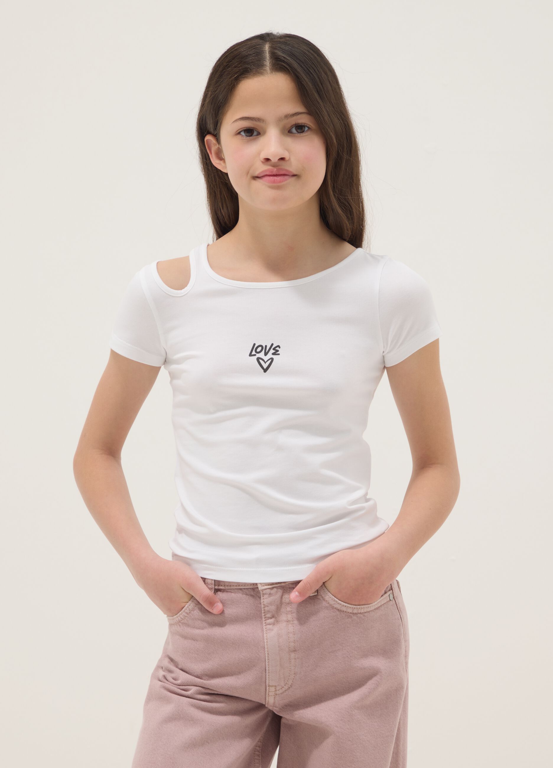 Girls' Slim Fit White Cotton Blend T-shirt