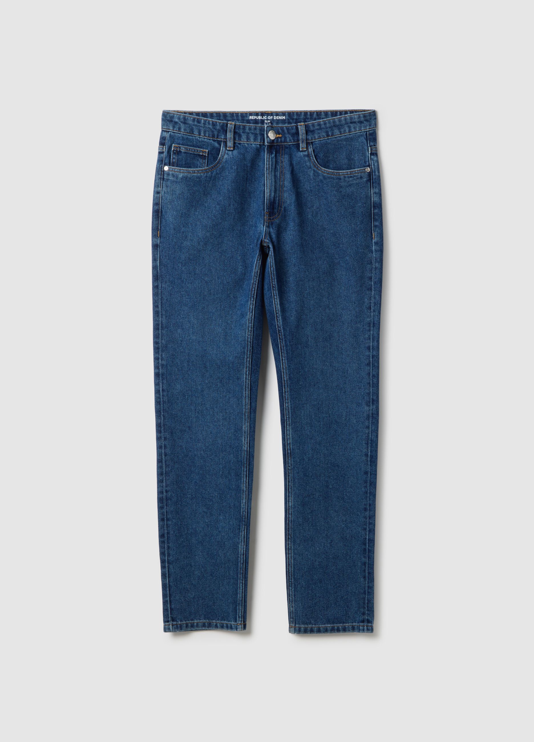 Blue Cotton Blend Slim Fit Jeans