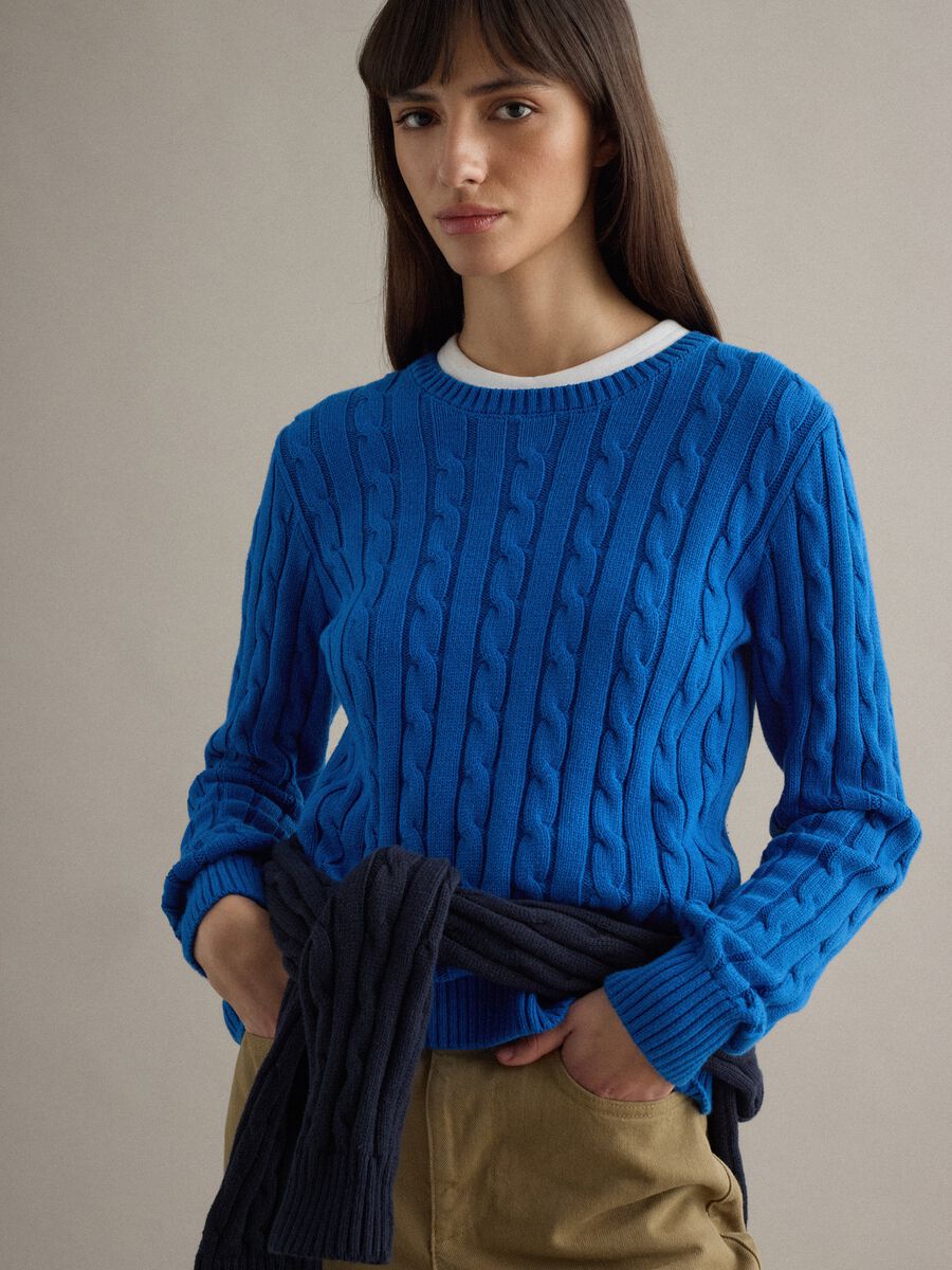 Blue sweater in pure cotton regular fit with cable knit_0