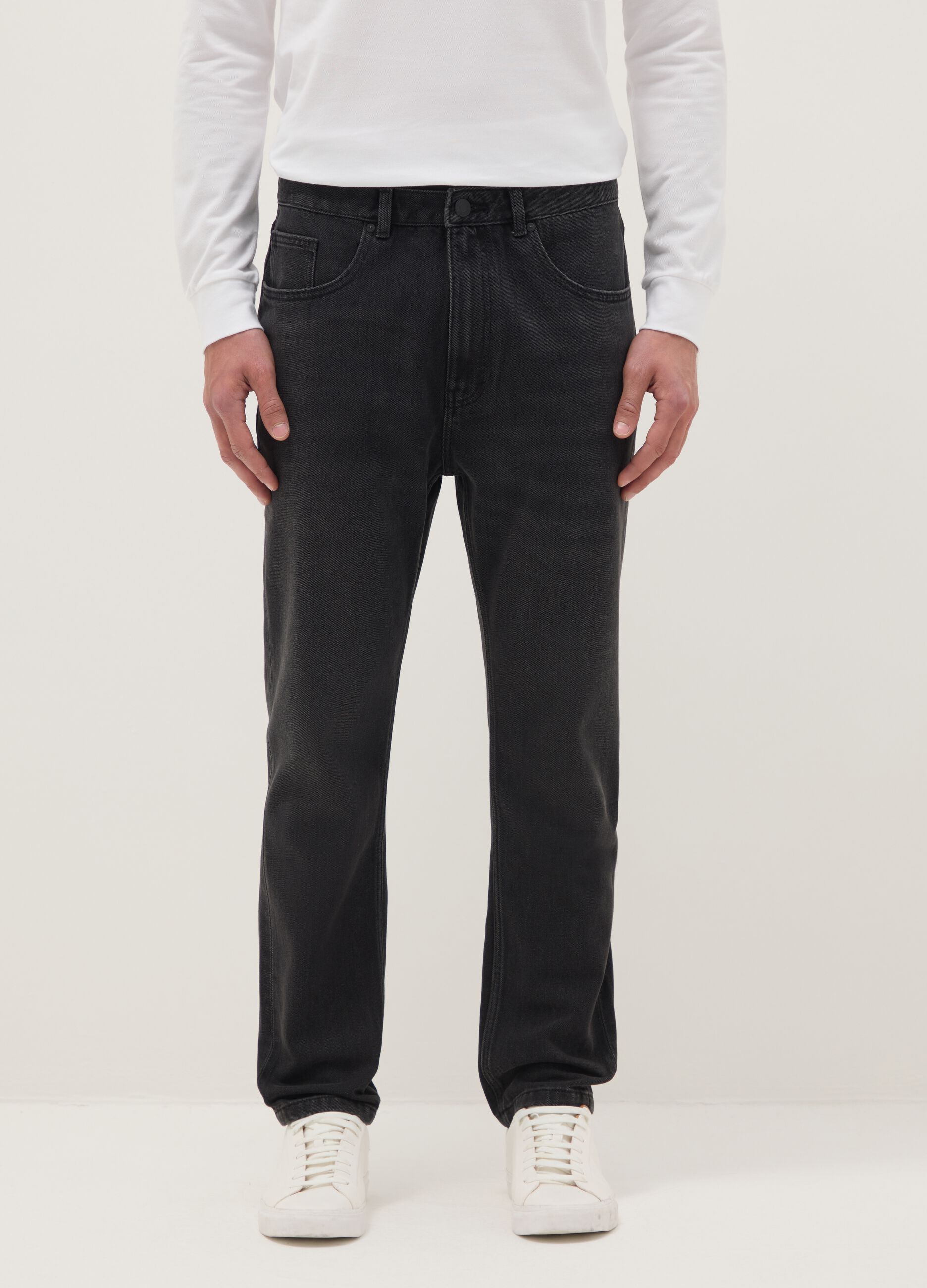 Black denim cotton blend carrot fit jeans