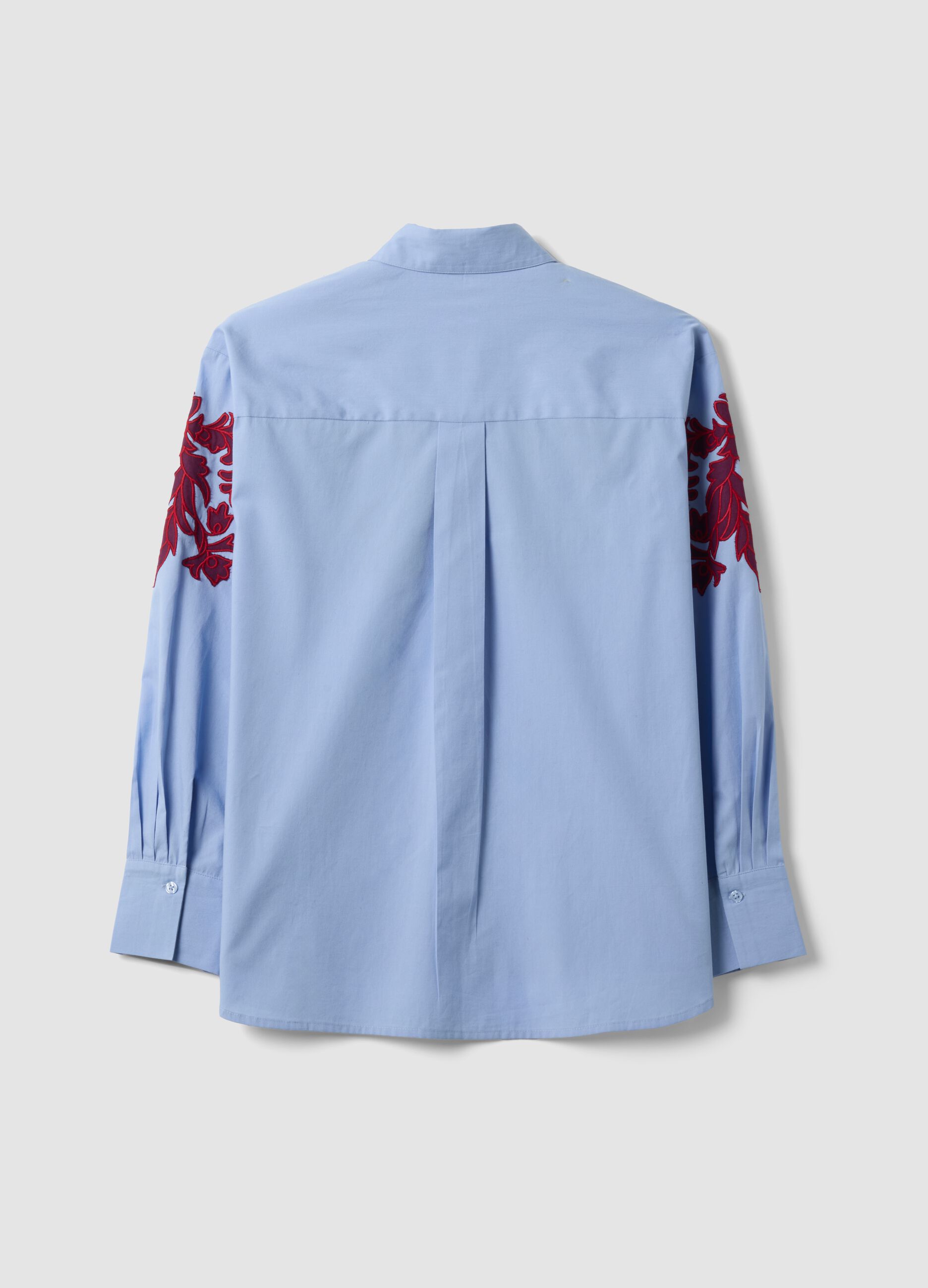 Light Blue Pure Cotton Poplin Shirt with Floral Embroidery, Regular Fit