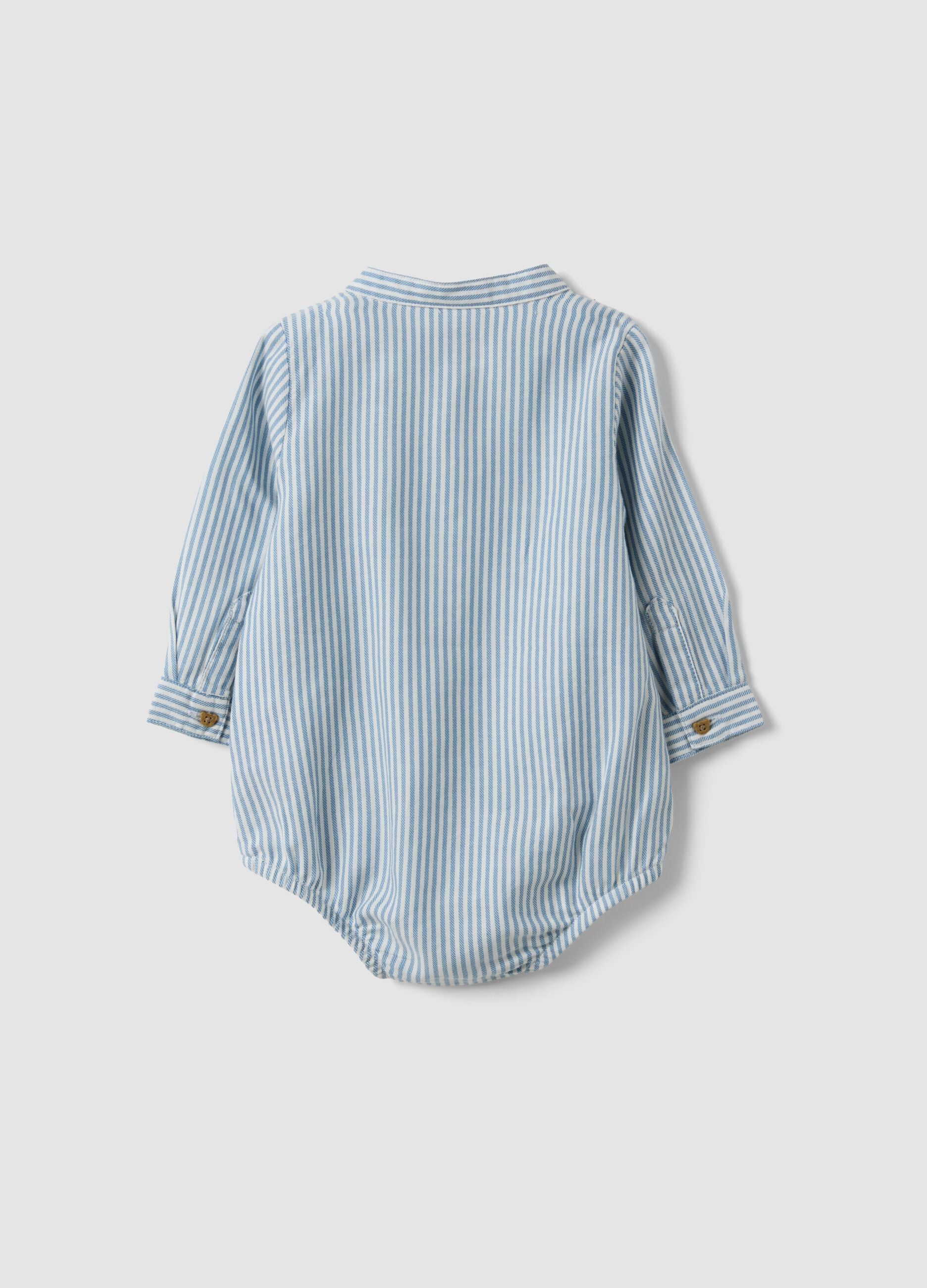 Blue striped pure cotton baby bodysuit with mandarin collar