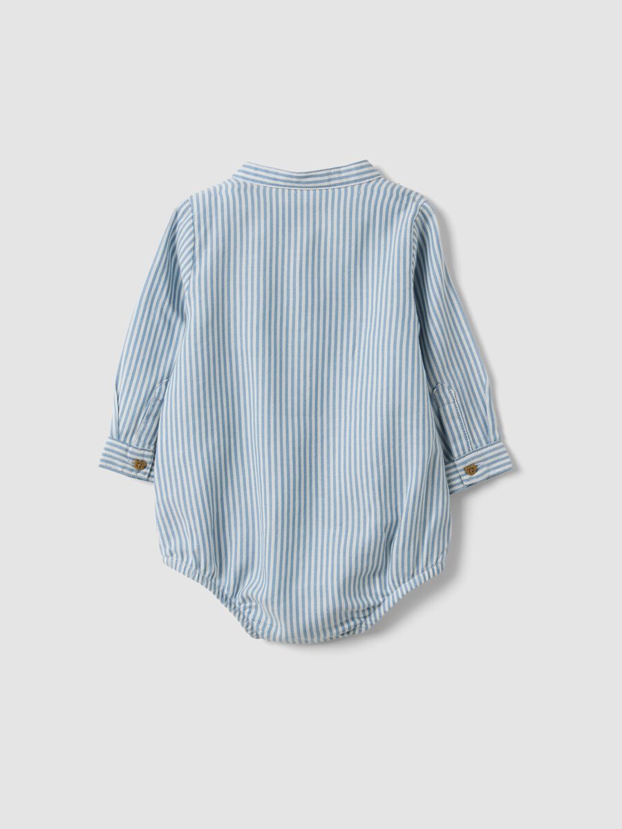 Blue striped pure cotton baby bodysuit with mandarin collar_1