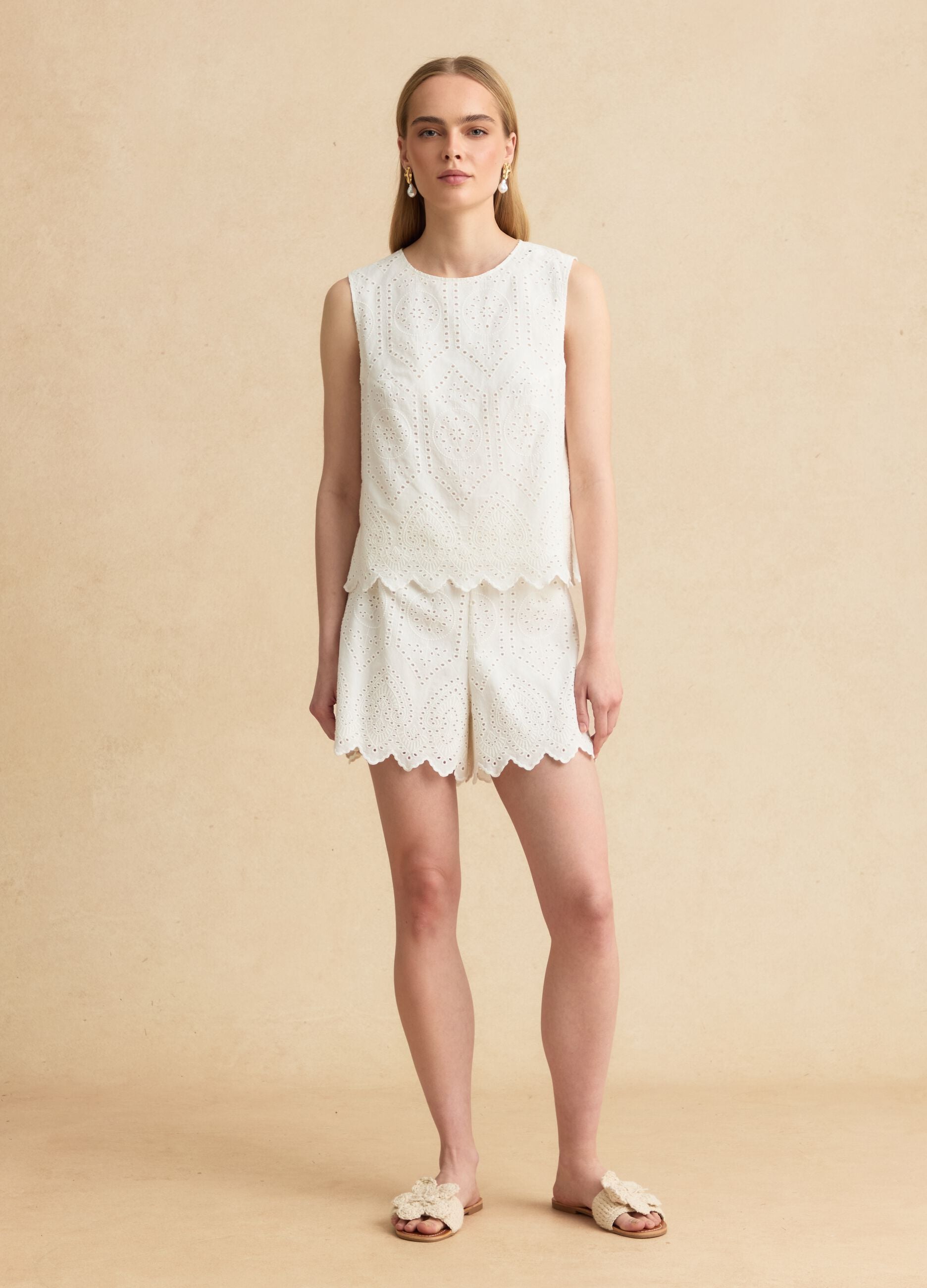 White pure cotton broderie anglaise shorts with scalloped hem, regular fit