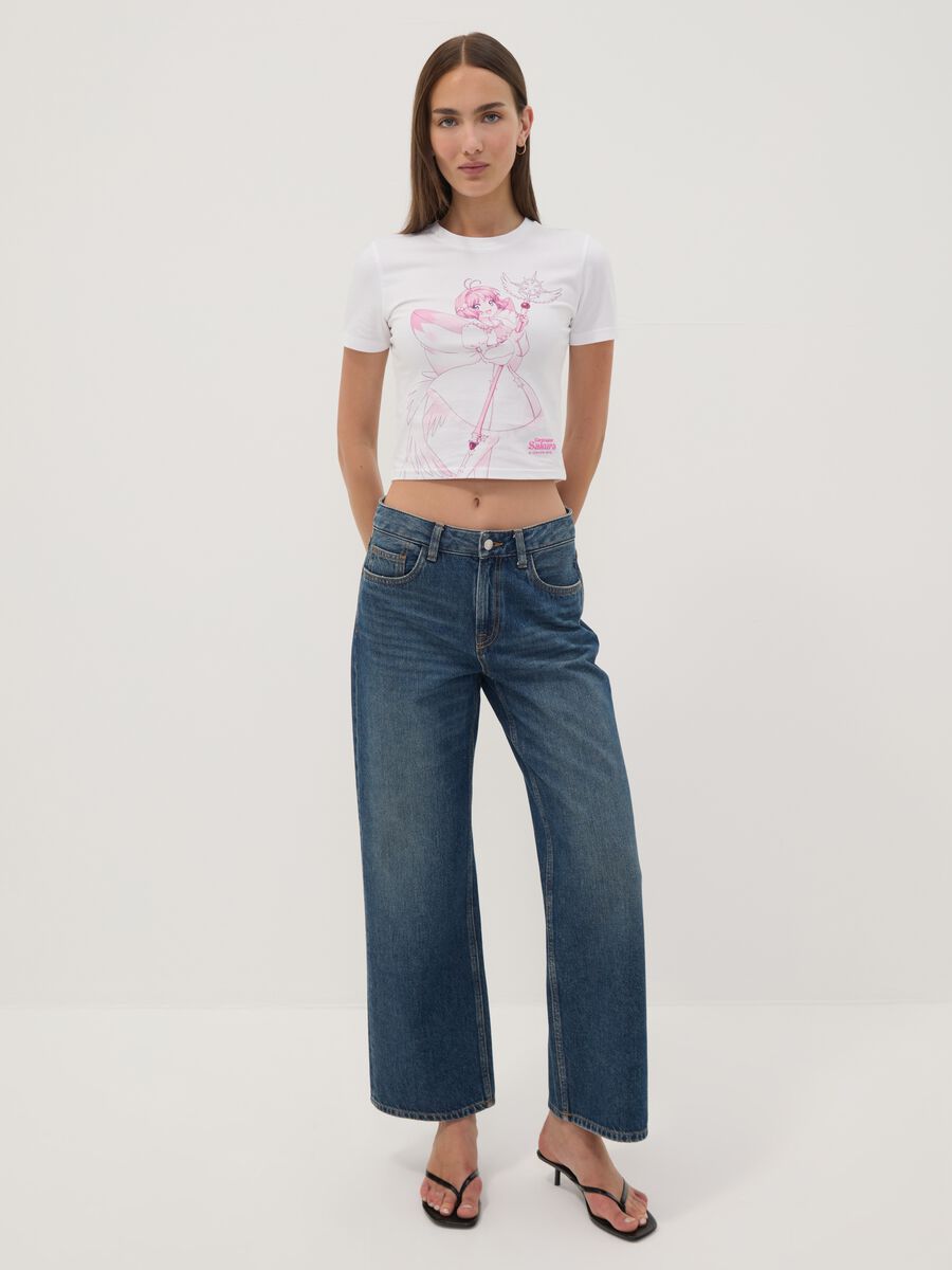 White stretch cotton T-shirt with Sakura print, regular fit_2