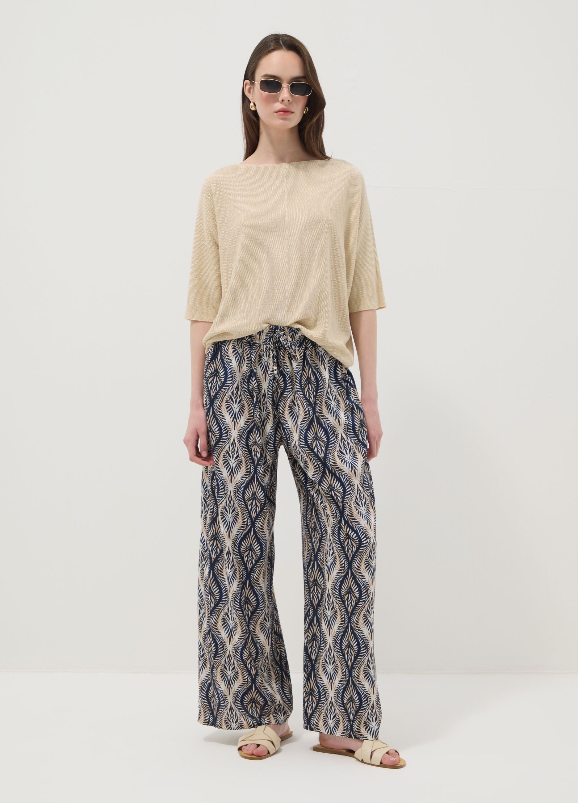 Blue pure-viscose trousers with all-over print, regular fit
