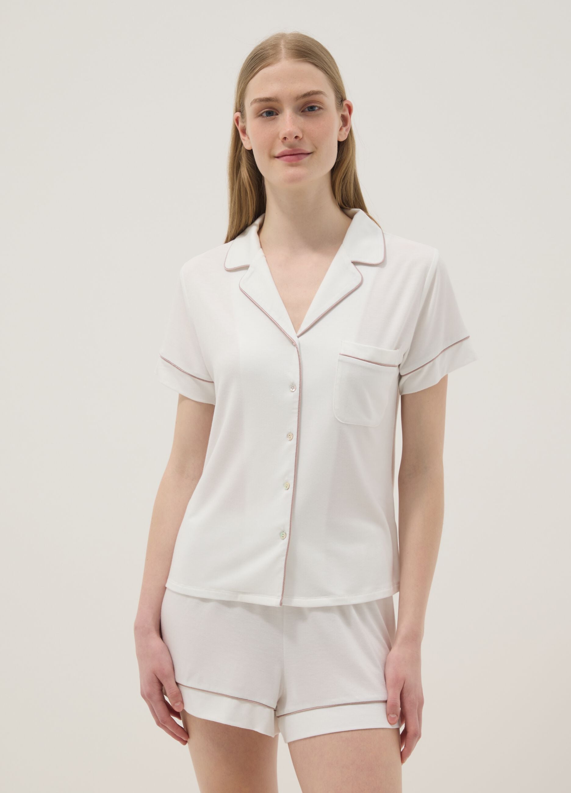 Regular fit white stretch viscose blend pyjama top