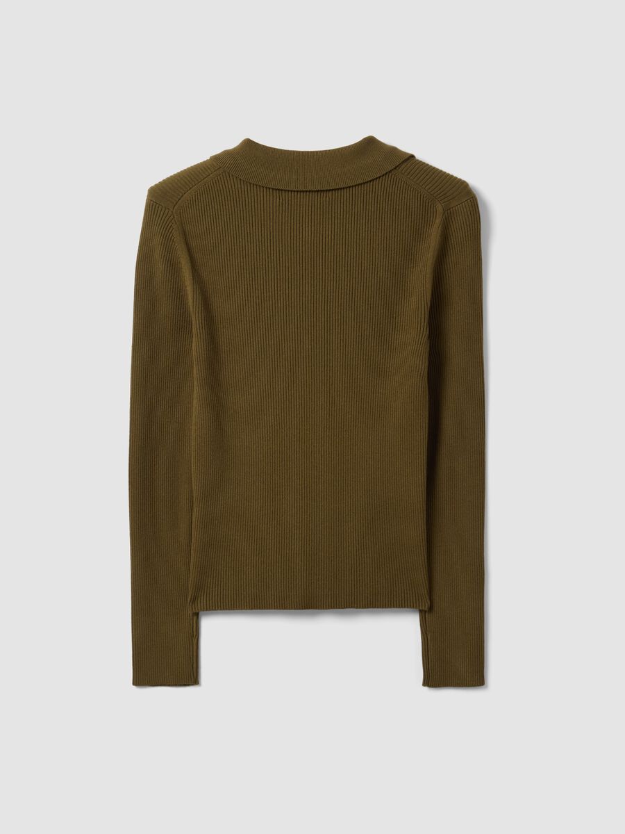 Green fitted ribbed viscose-blend cardigan with polo collar_5