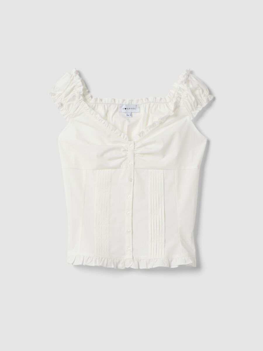 White stretch cotton blouse with buttons and ruffles, regular fit_4