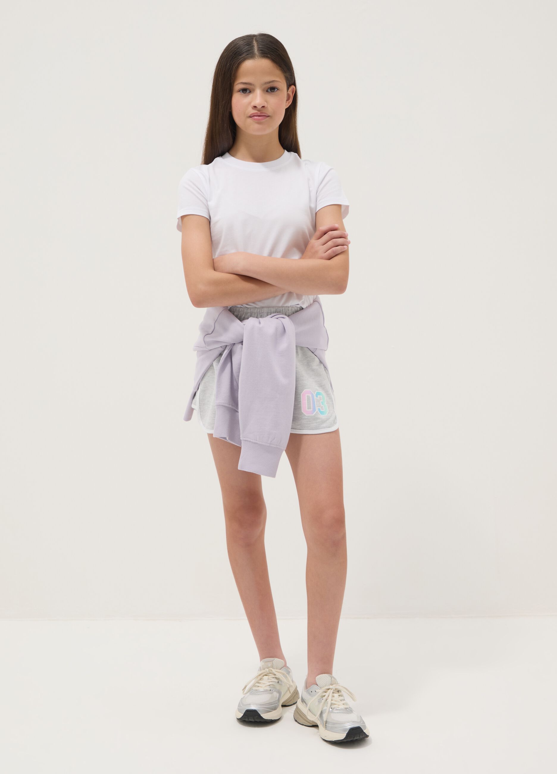 Grey cotton-blend shorts with elasticated waist for girls, comfy fit