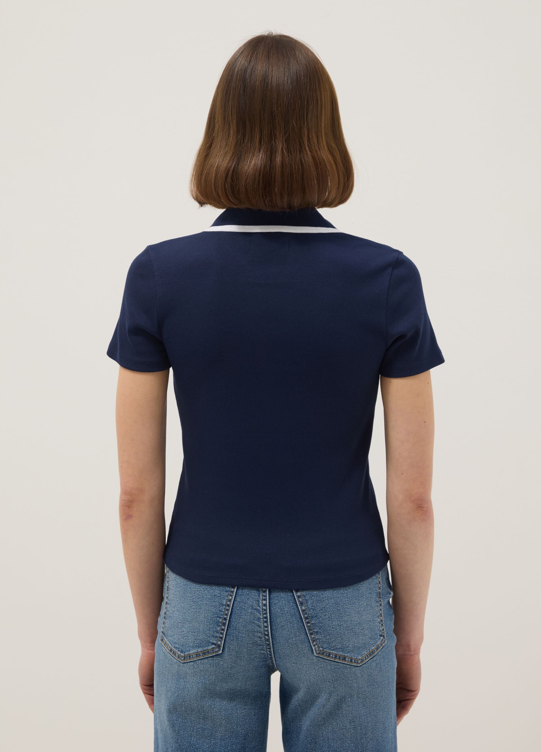 Blue stretch cotton polo with contrast collar, regular fit