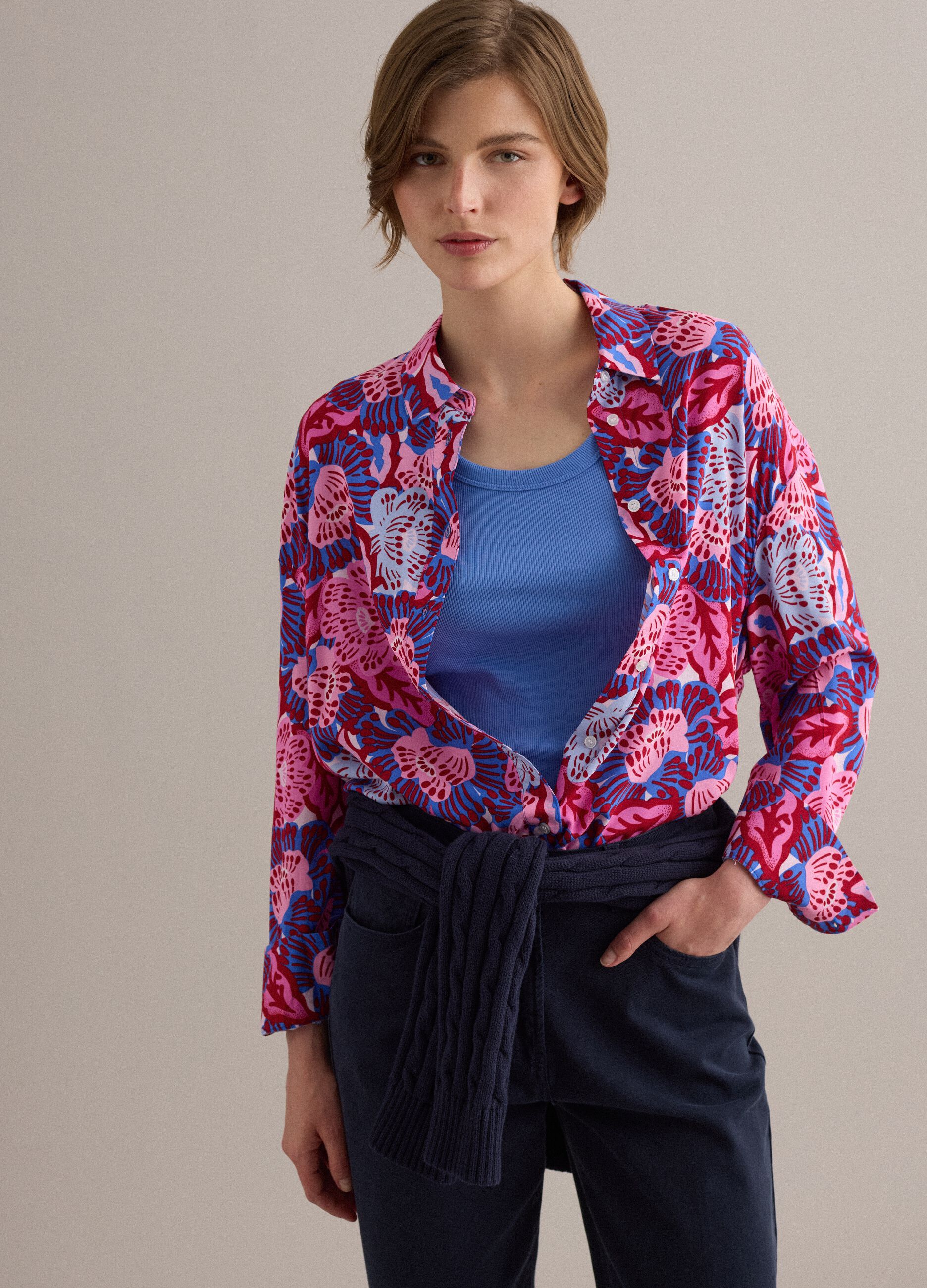 Multicolour short-sleeve pure viscose shirt