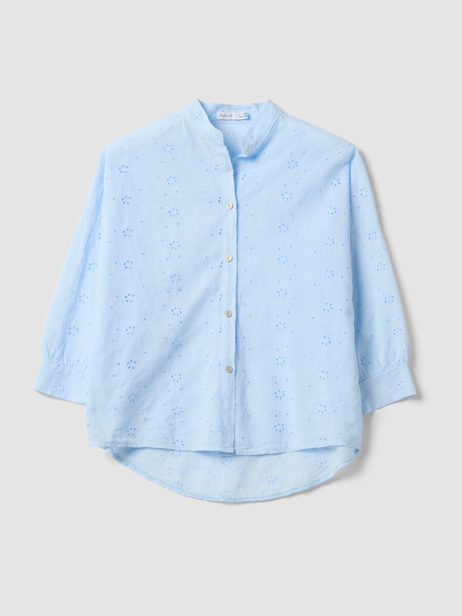 Light Blue Broderie Cotton Shirt with Mandarin Collar, Regular Fit_4