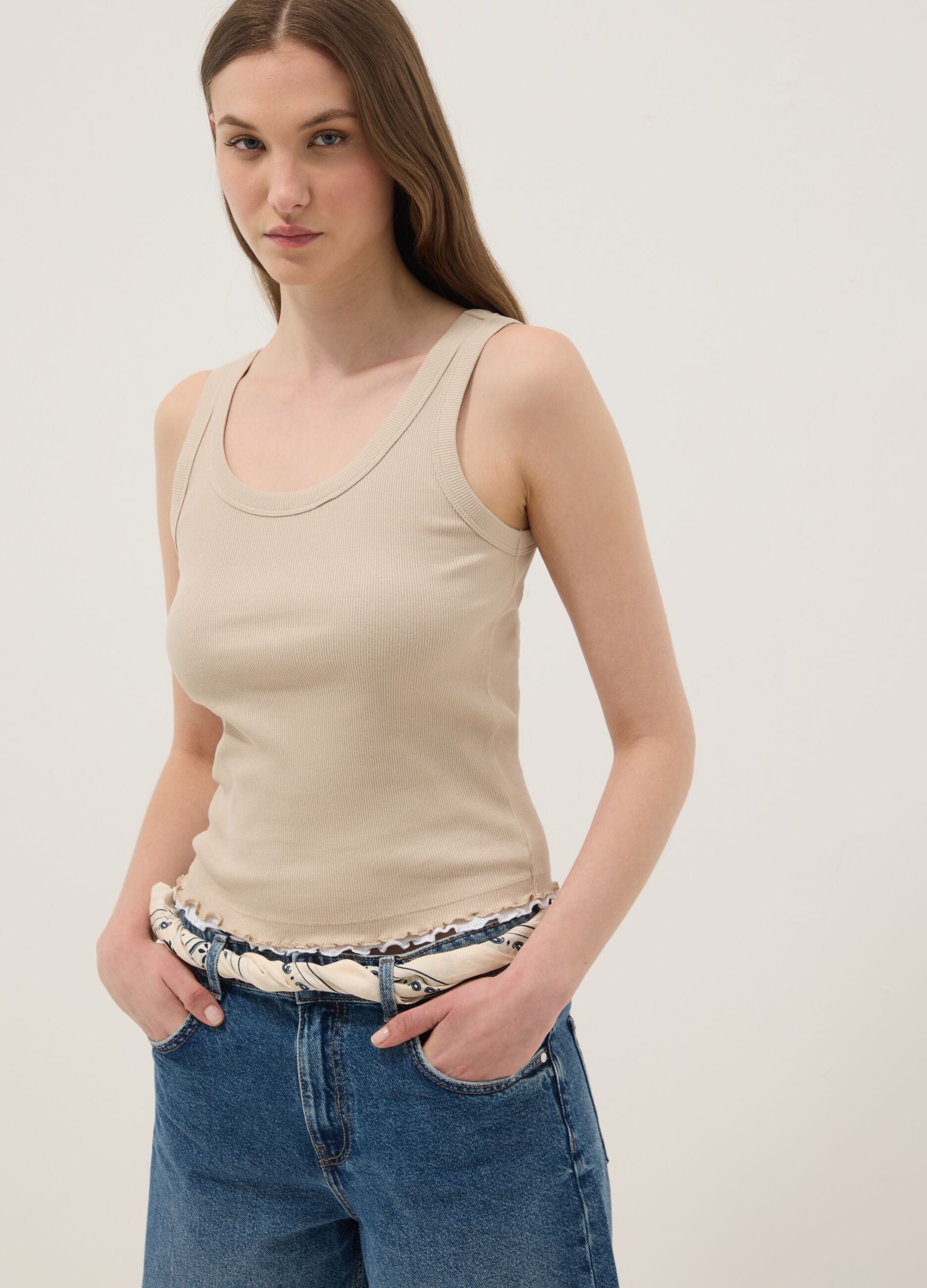 Beige pure cotton ribbed vest top, regular fit