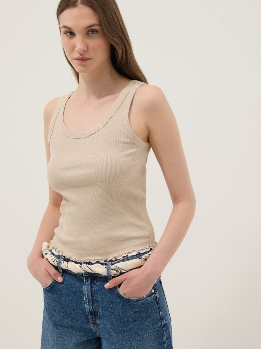 Beige pure cotton ribbed vest top, regular fit_1