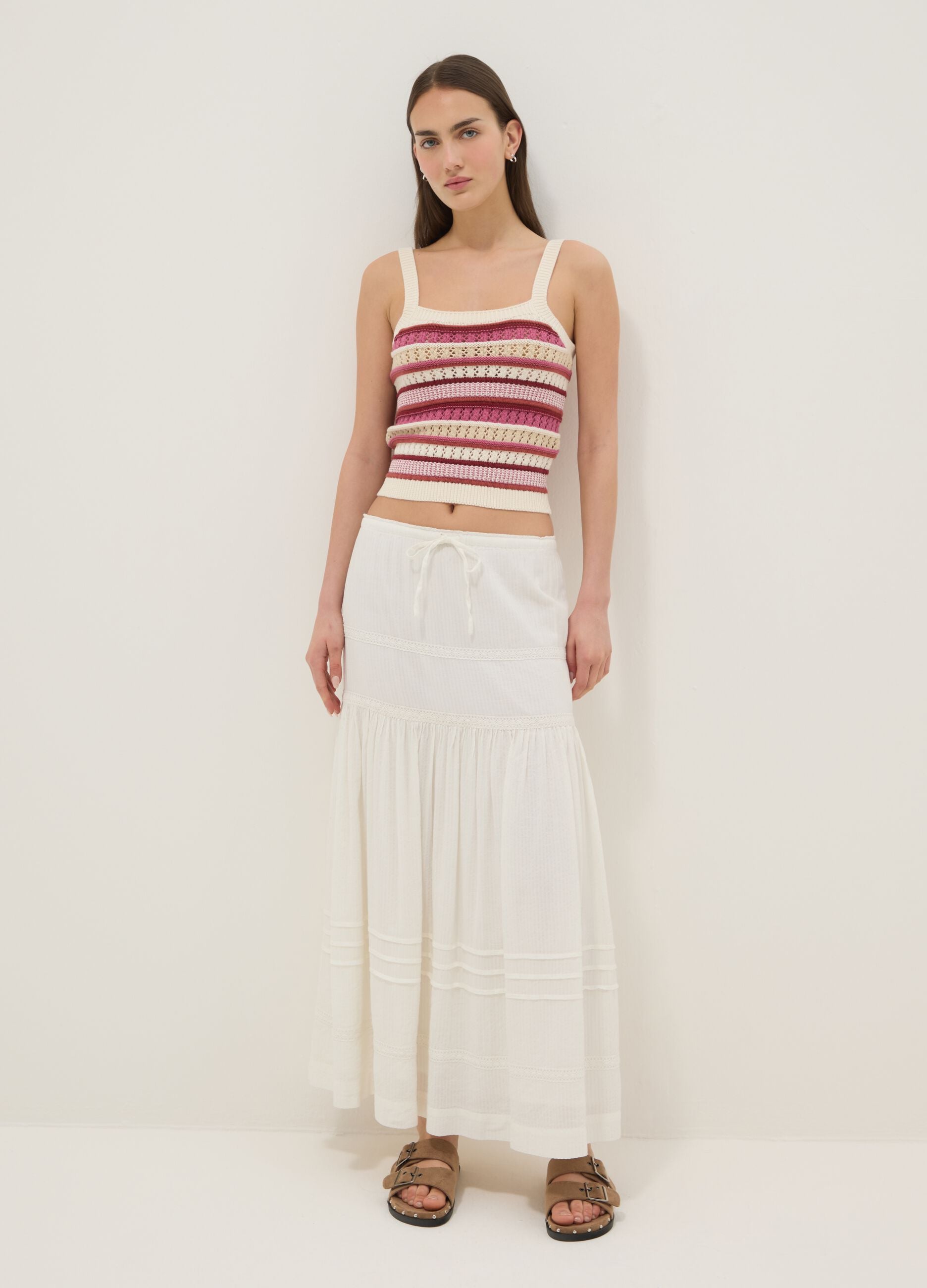 Fitted pure cotton multicolour striped vest with thin straps