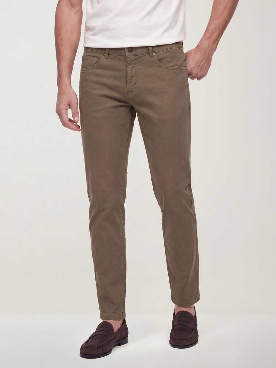 Brown slim-fit stretch cotton twill trousers_1