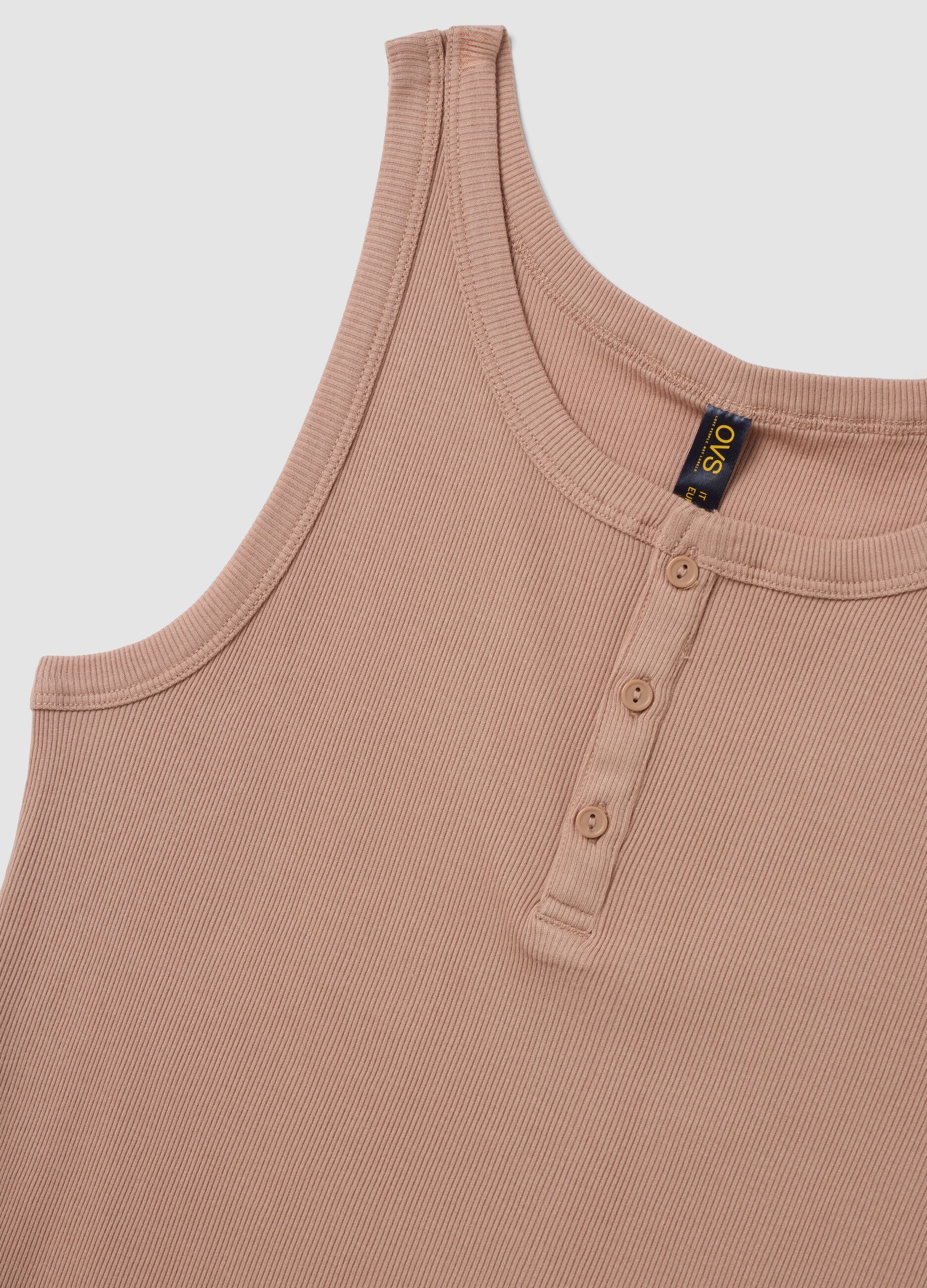 Beige ribbed cotton and viscose blend henley vest top