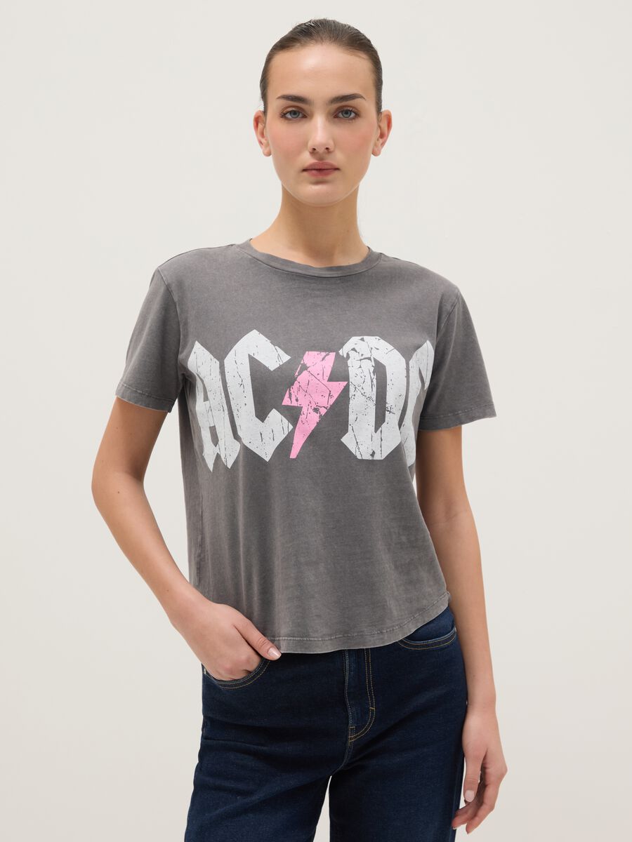 Grey pure cotton regular fit T-shirt with AC/DC print_0