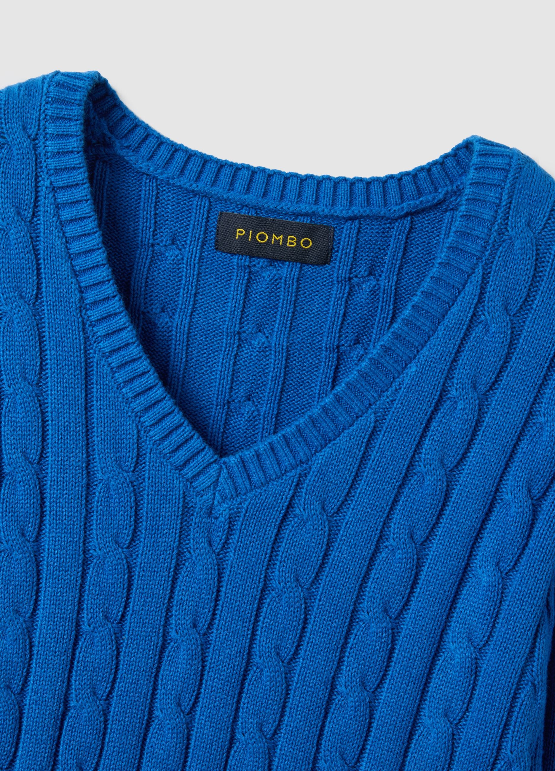 Blue pure cotton regular fit pullover with cable knit
