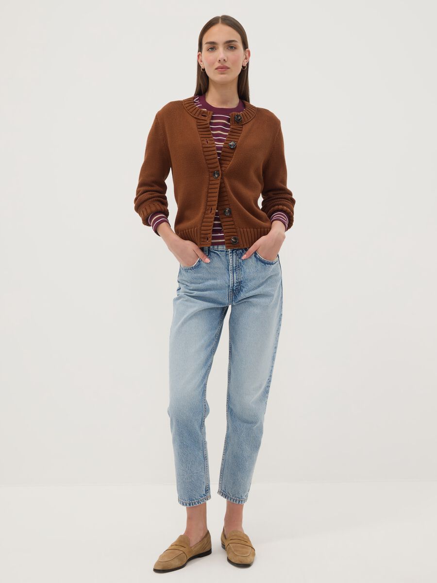 Brown pure cotton crew-neck cardigan with buttons, regular fit_2