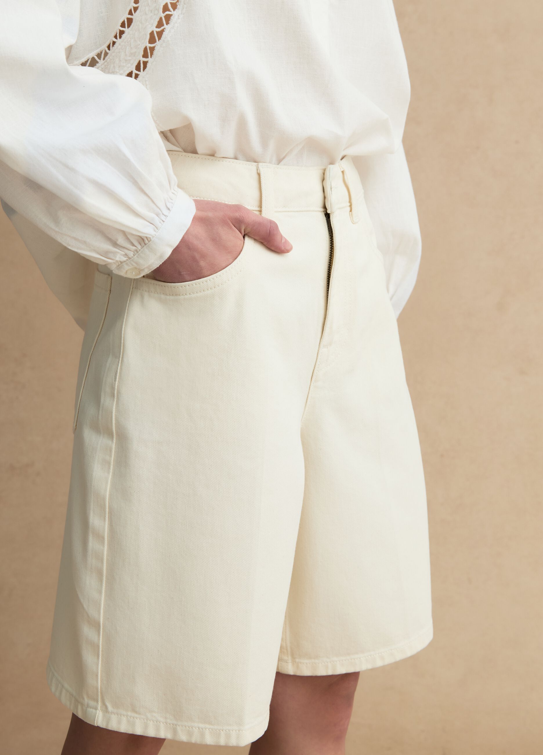 White cotton denim wide leg shorts