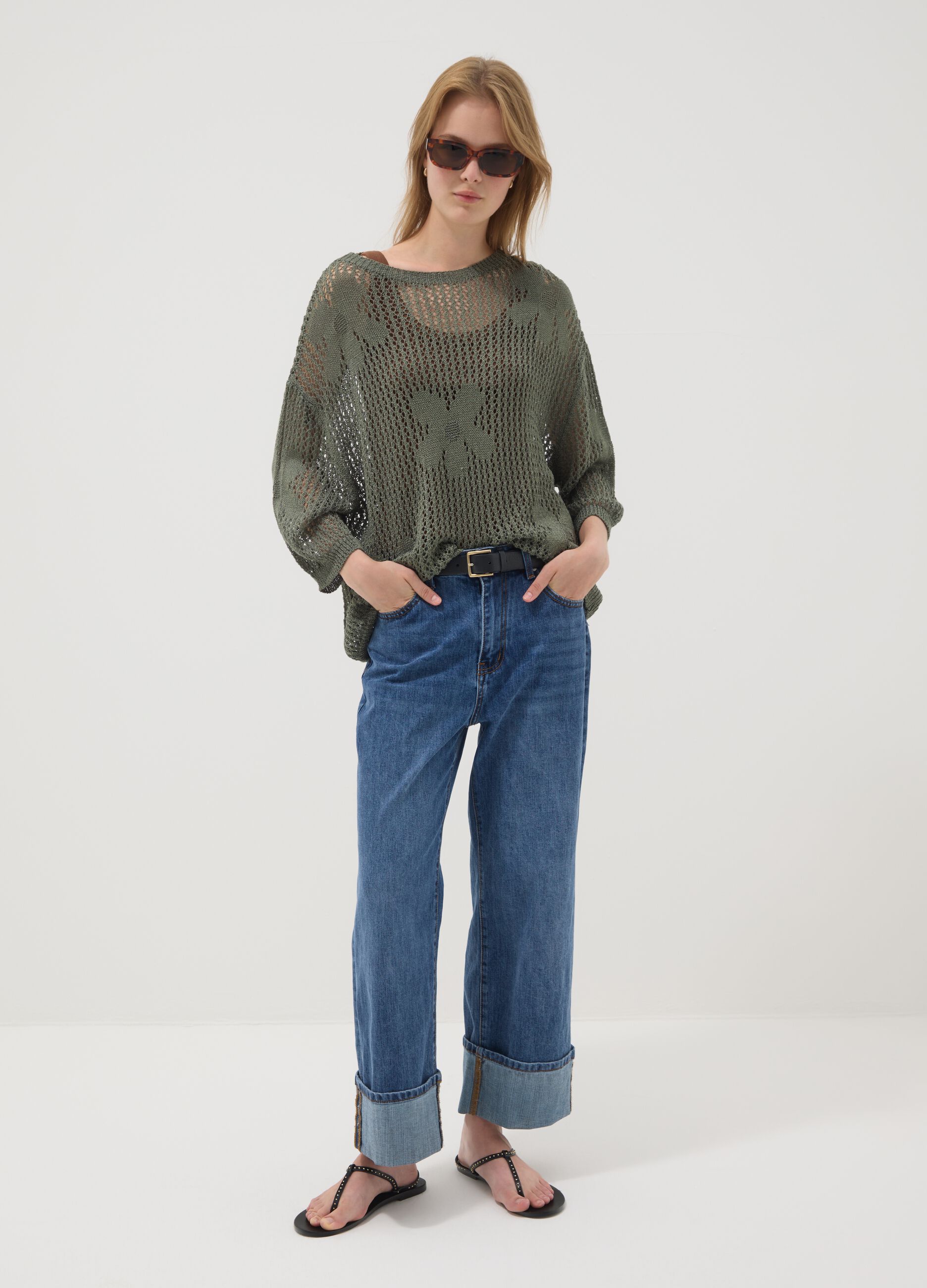 Green open-knit floral regular-fit top