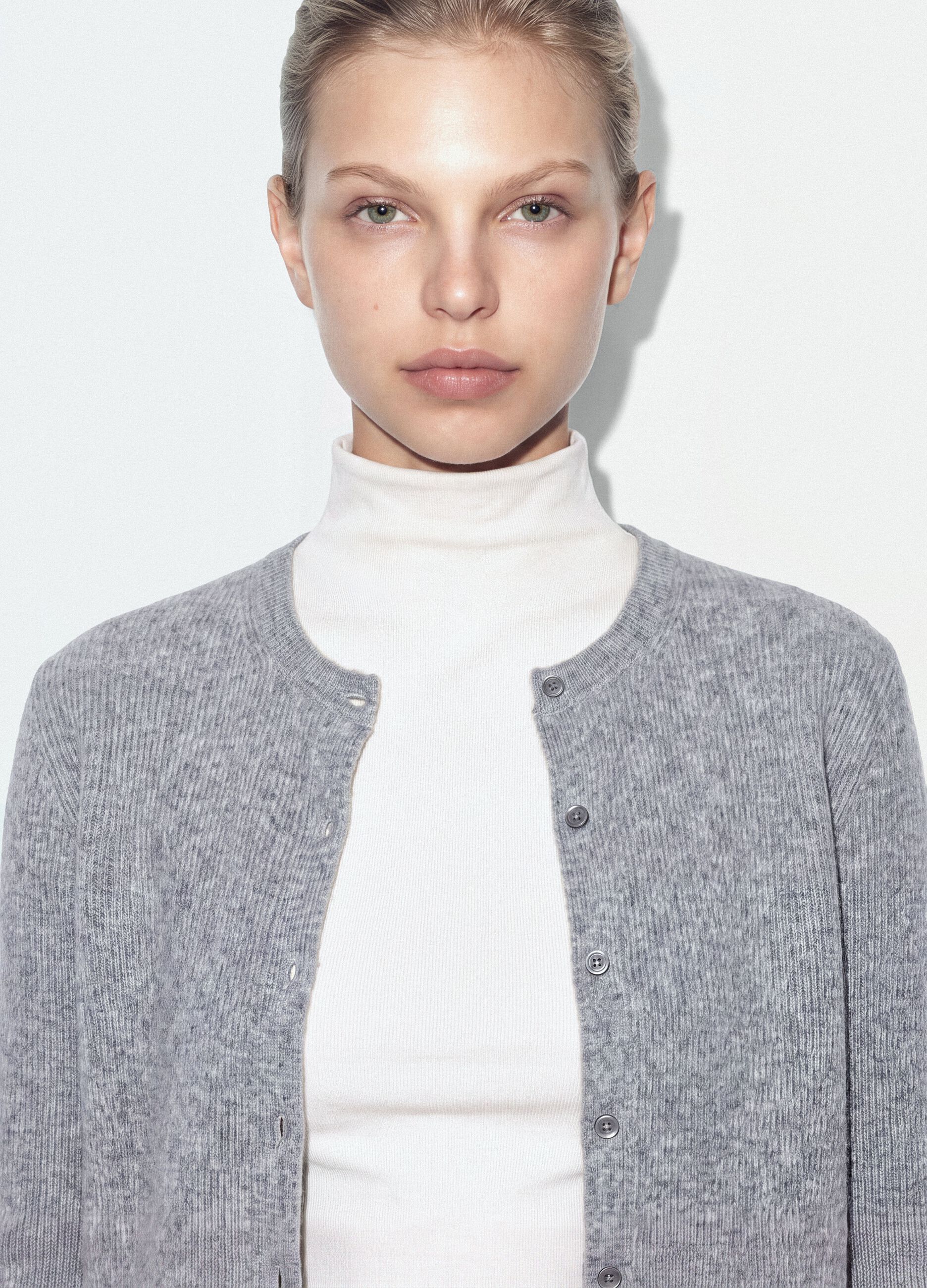 Grey crew-neck cardigan in lyocell and wool blend, oversized fit