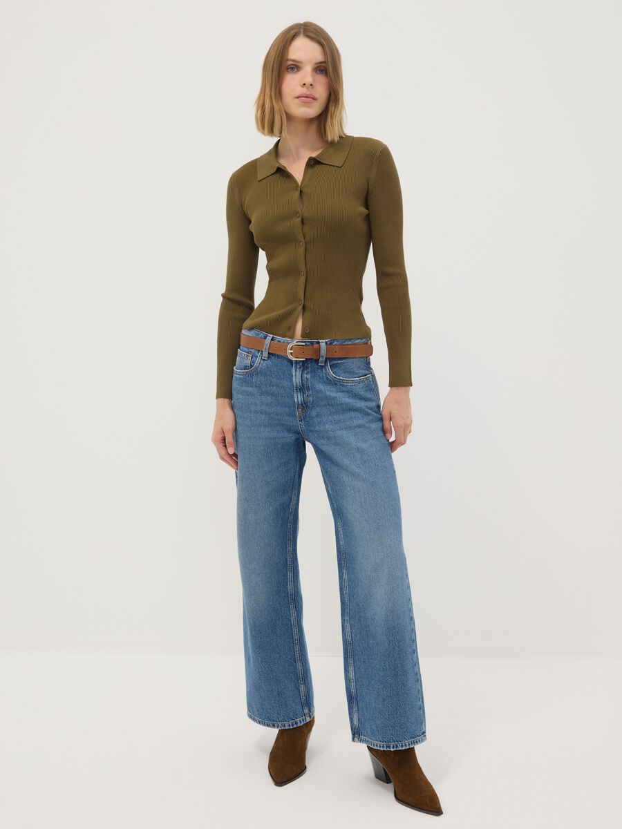 Green fitted ribbed viscose-blend cardigan with polo collar_1
