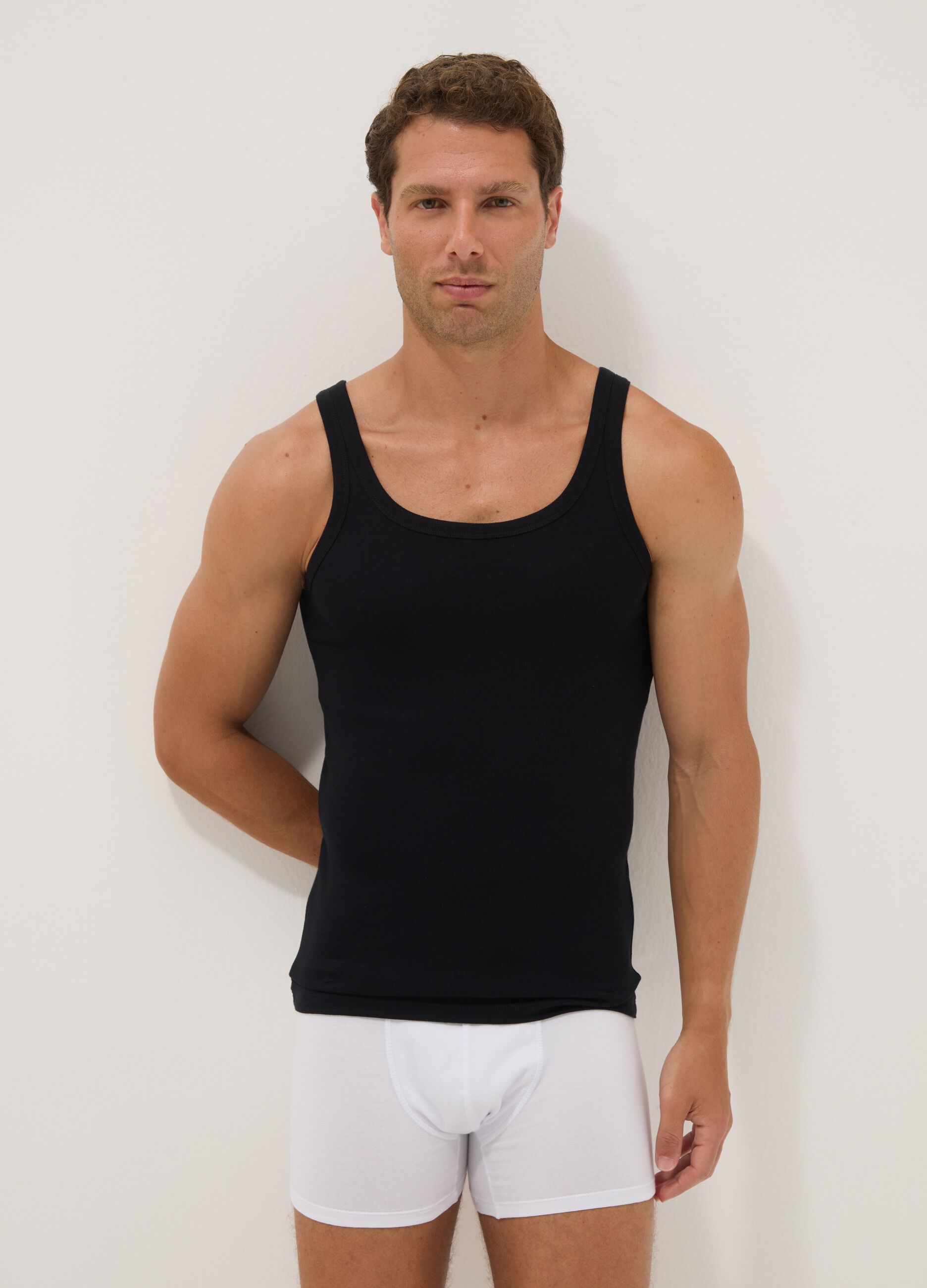 Black pure cotton tank top, regular fit