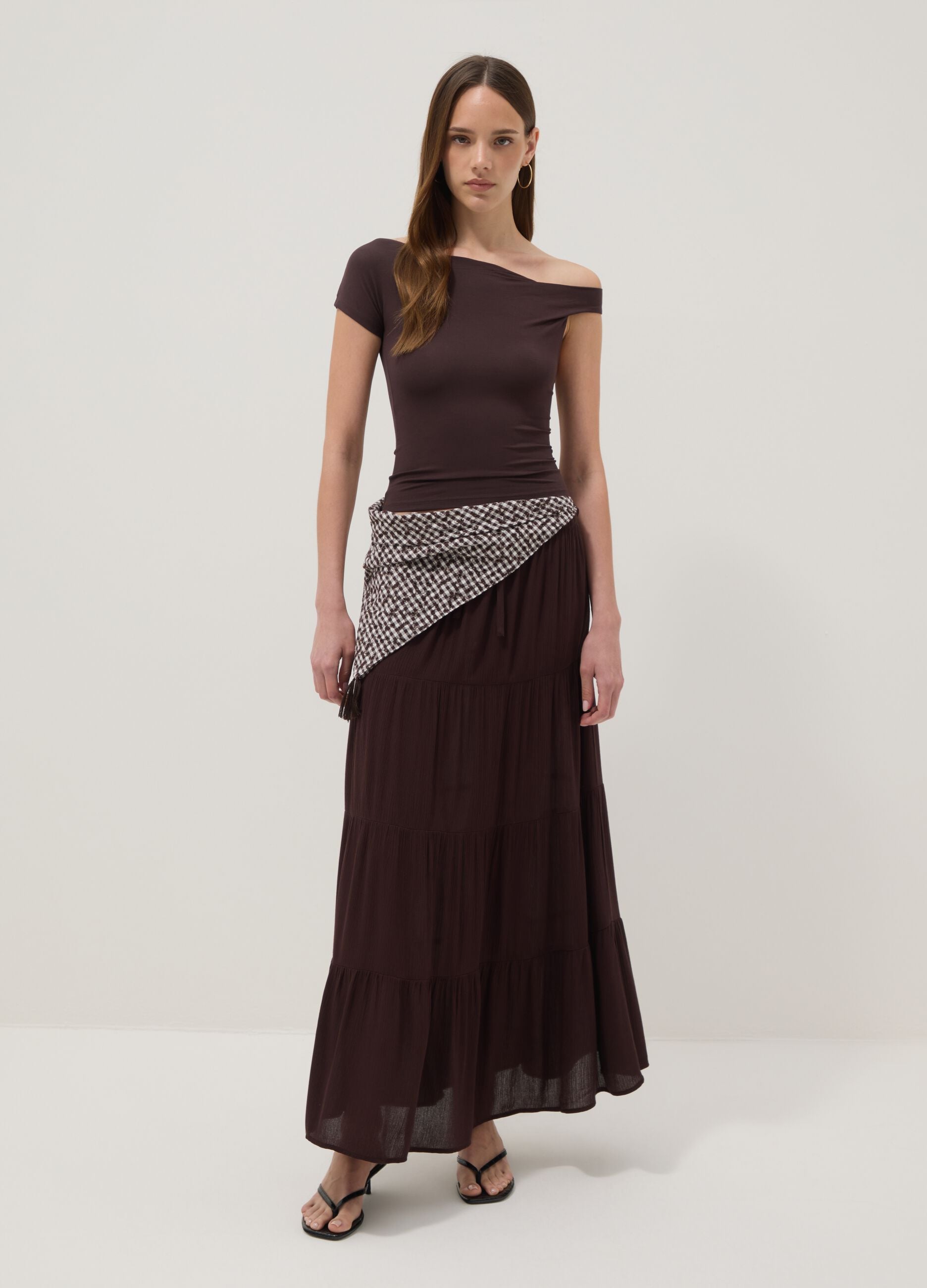 Brown stretch viscose T-shirt with Bardot neckline