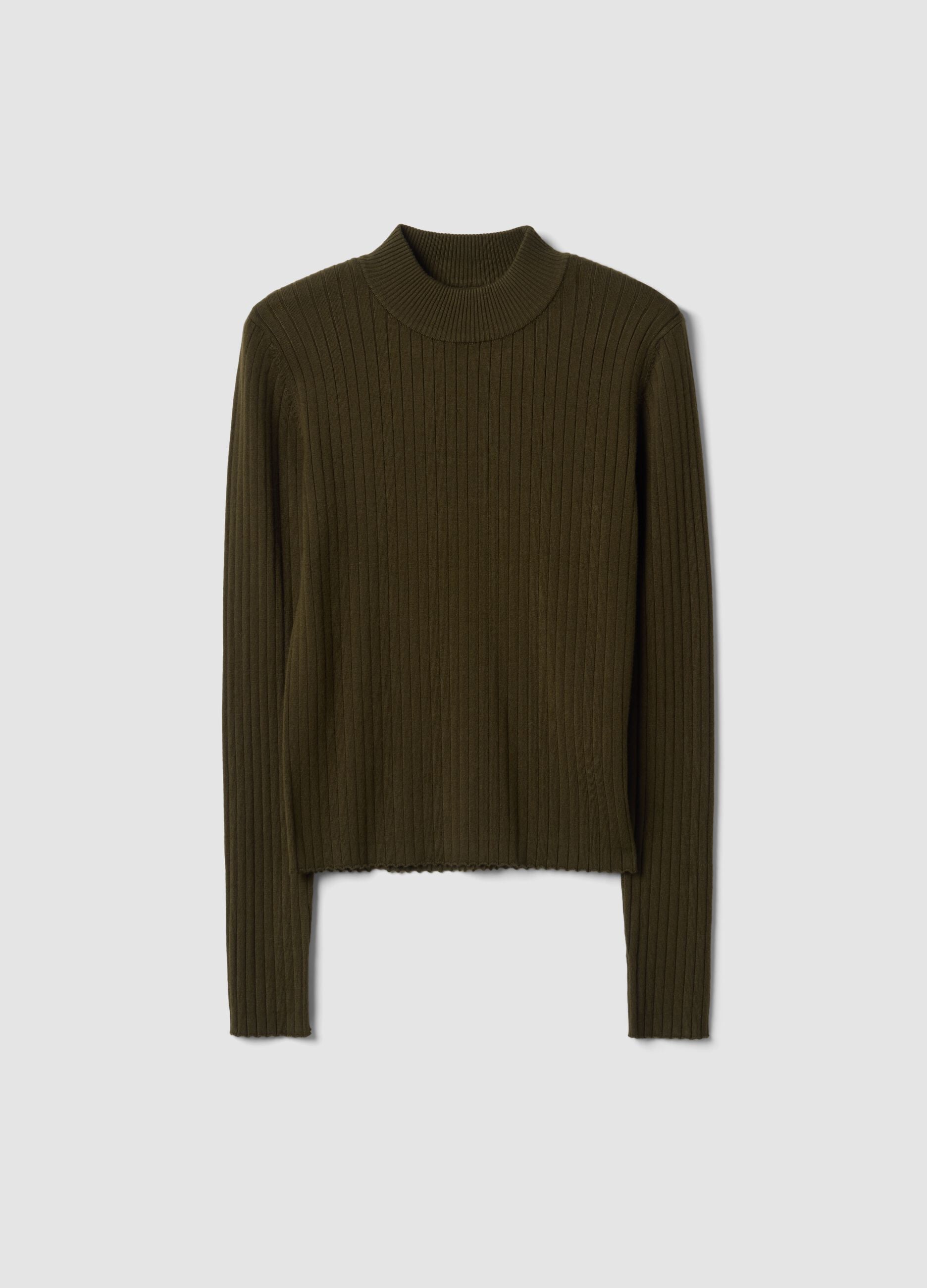 Green ribbed viscose-blend top with high neck
