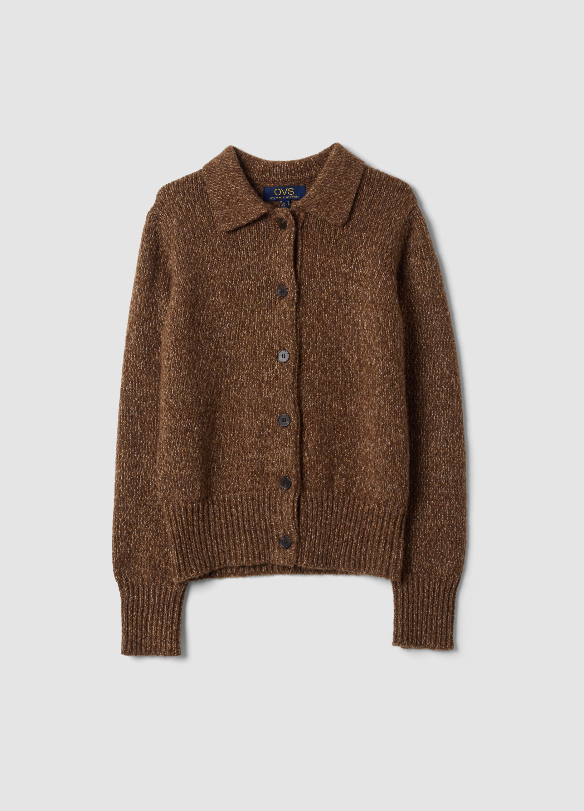 Brown wool-blend cardigan with polo collar