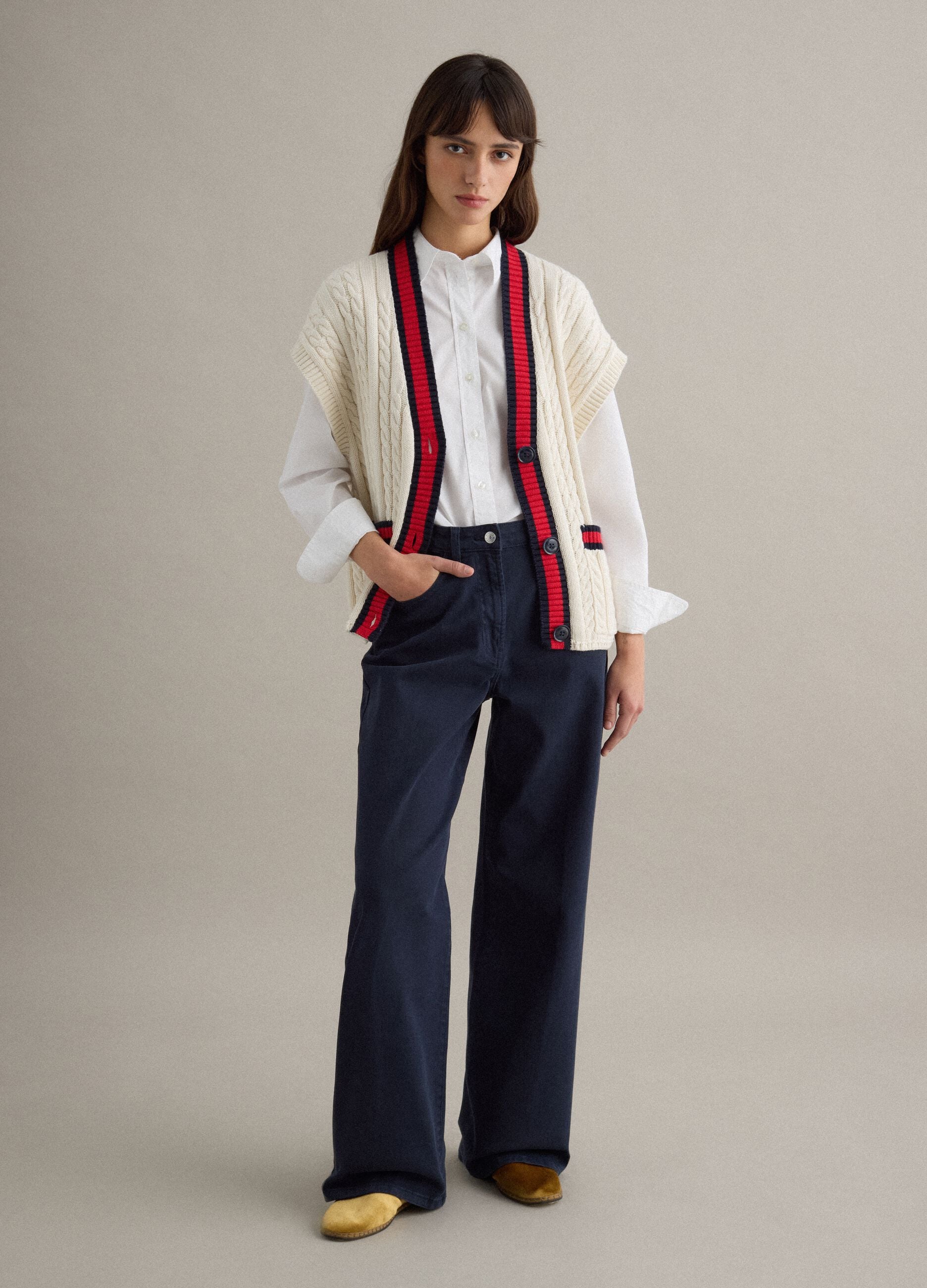Multicolour pure cotton oversize fit deep V-neck waistcoat