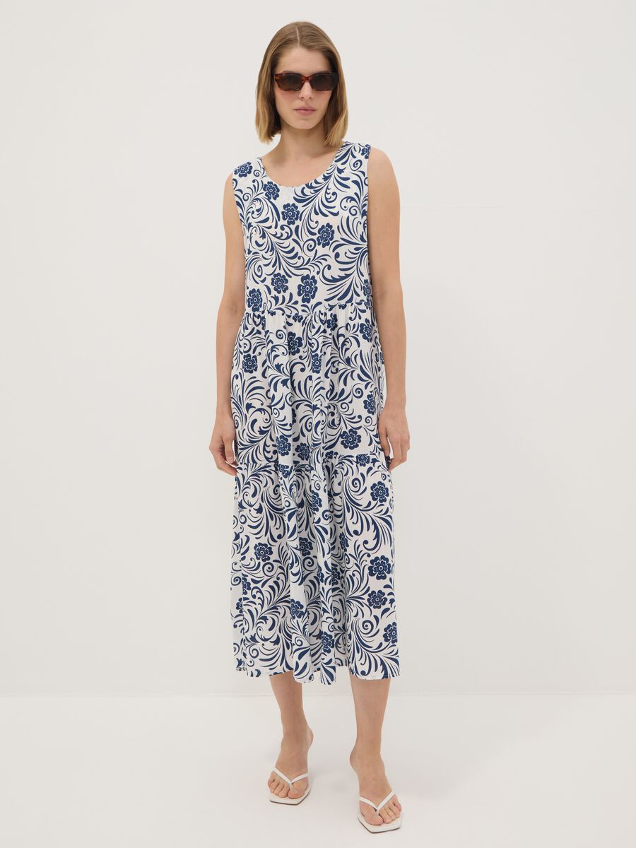 Blue pure viscose dress with floral print, regular fit_0