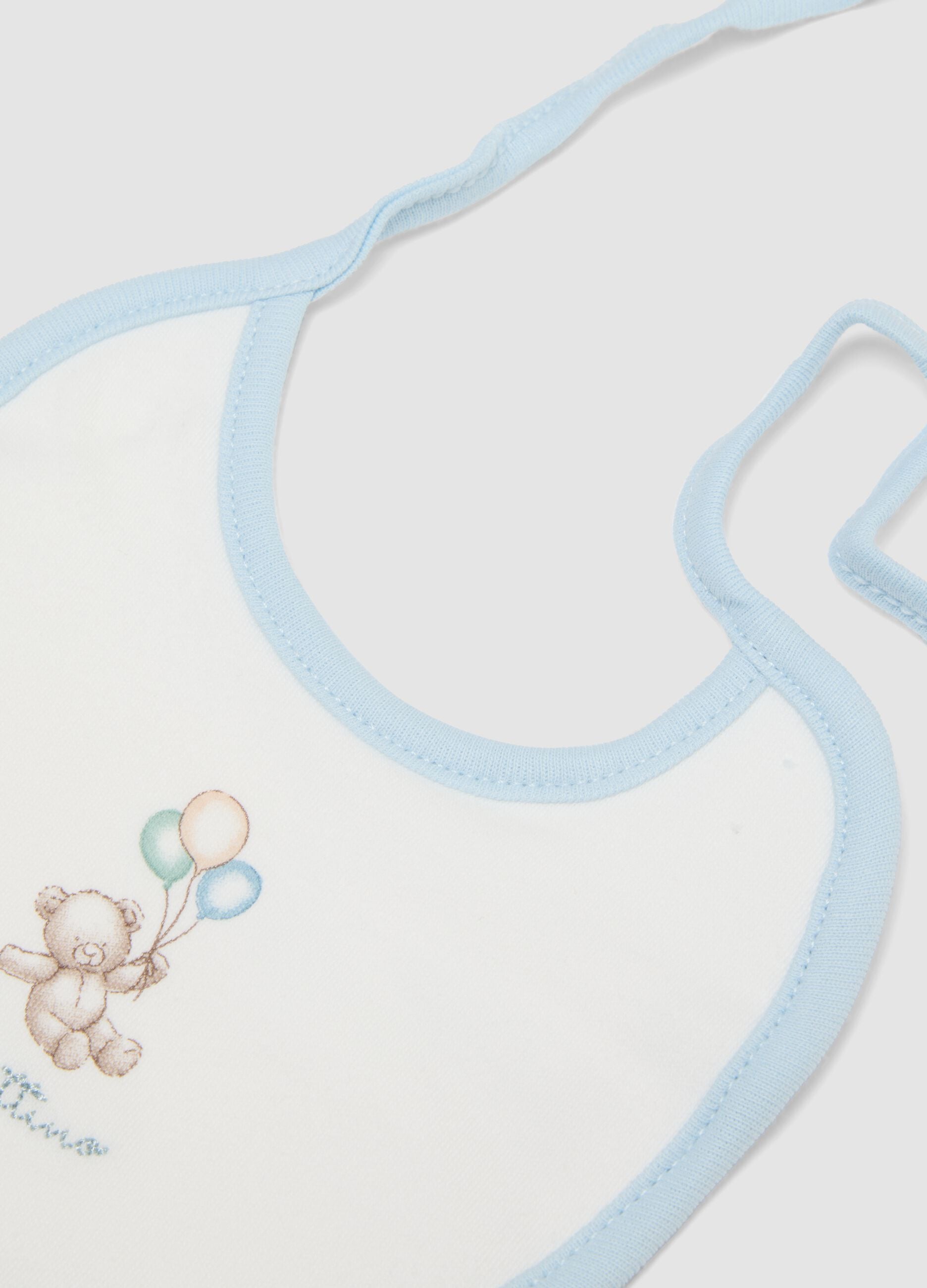 Two-pack of blue and yellow baby bibs in pure organic cotton with prints