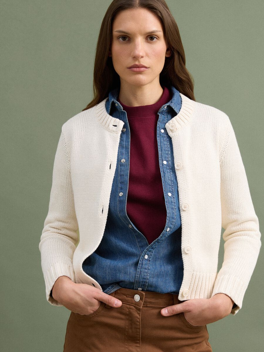 Beige pure cotton cardigan with buttons, regular fit_0